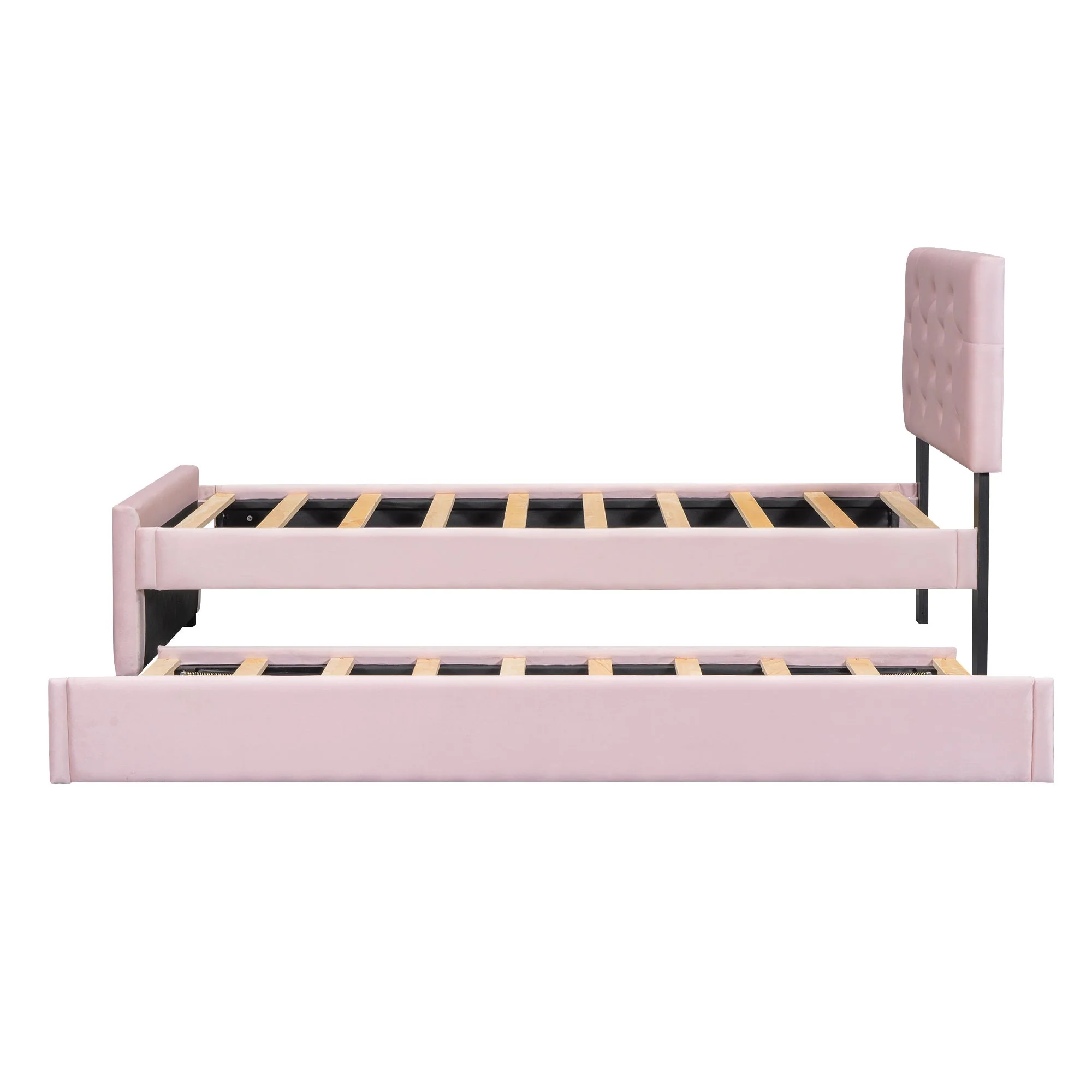 Upholstered Bed 90x200cm with Slatted Base and Rolling Storage, Pink Velvet - Image 8