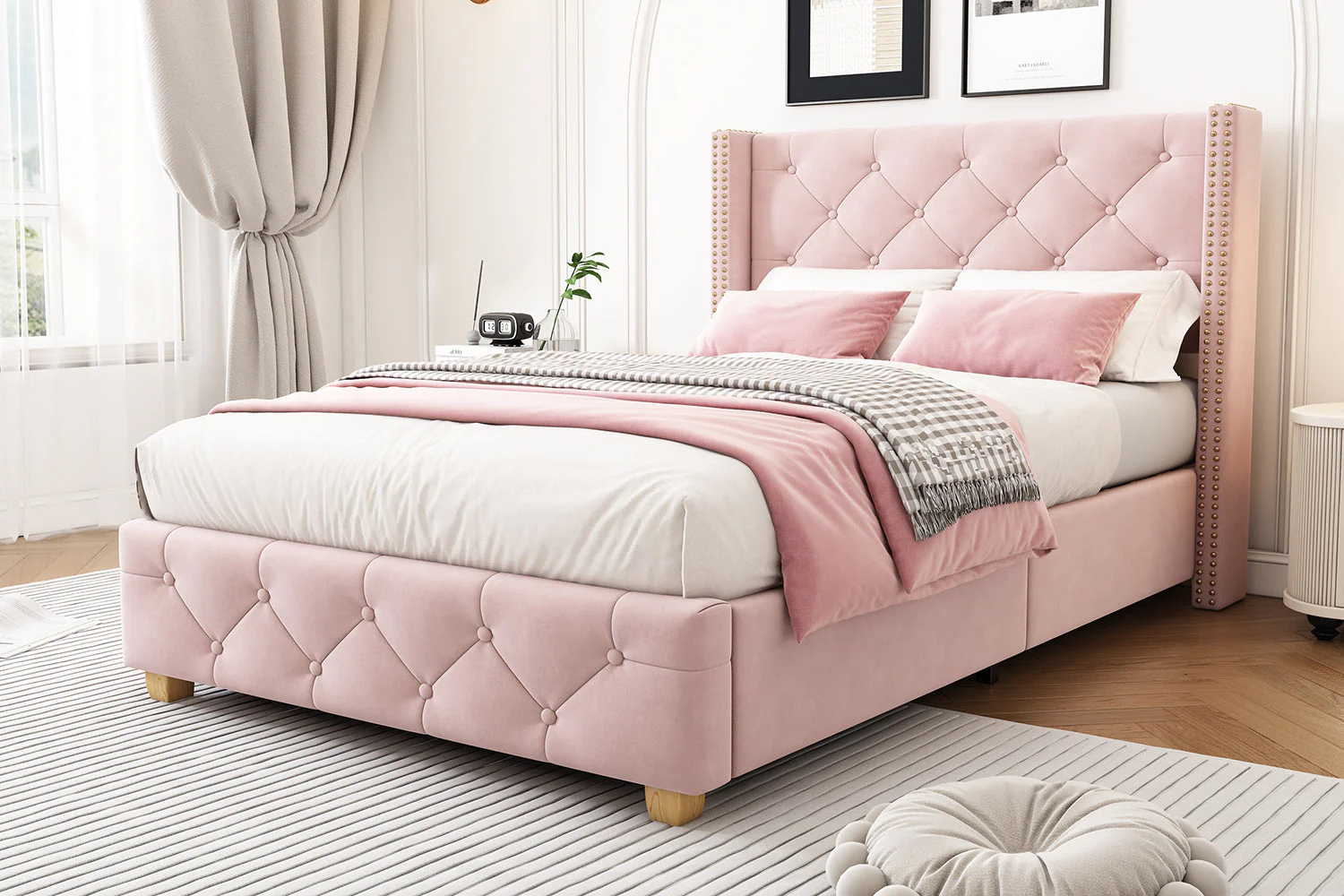 Upholstered Bed 90x200cm with Slatted Frame and Studded Buttoned Headboard, Pink Velvet - Image 8