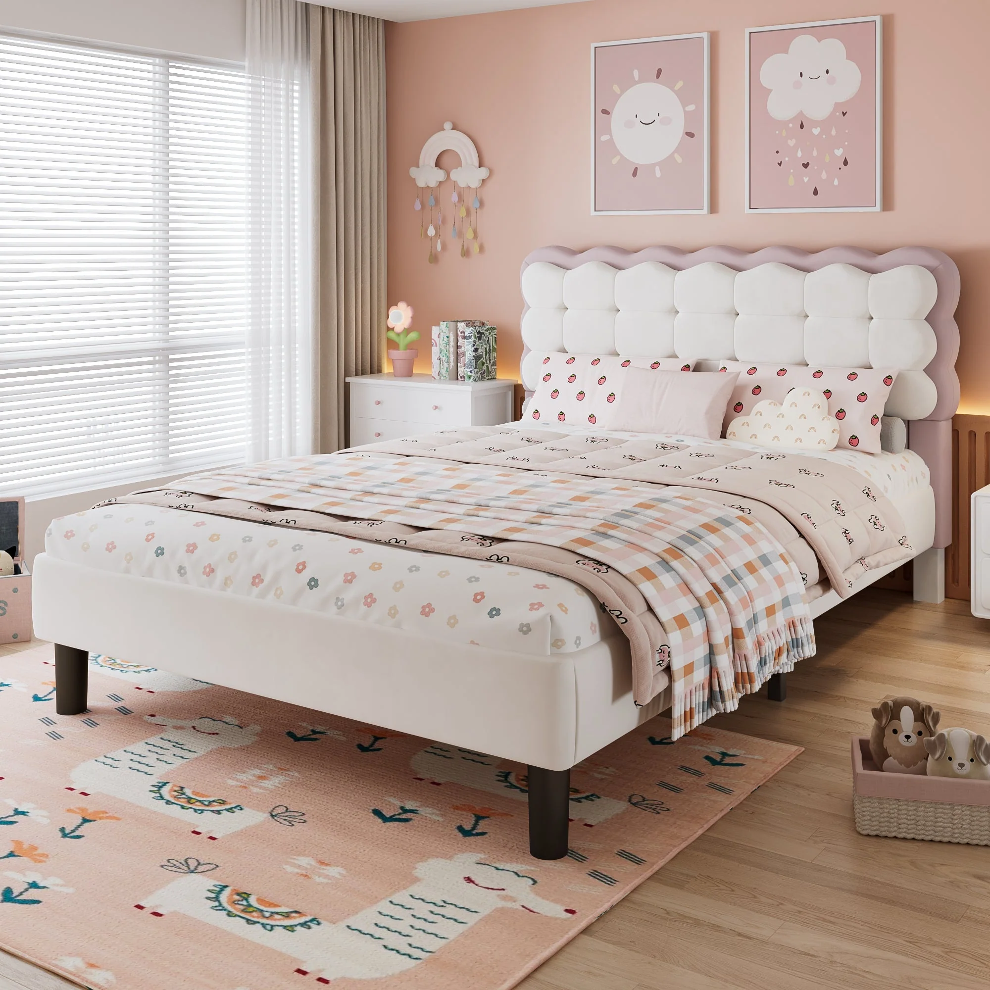 Upholstered Bed, Biscuit Shape Velvet Backrest, 4ft6 Double, Beige+Pink - Image 2