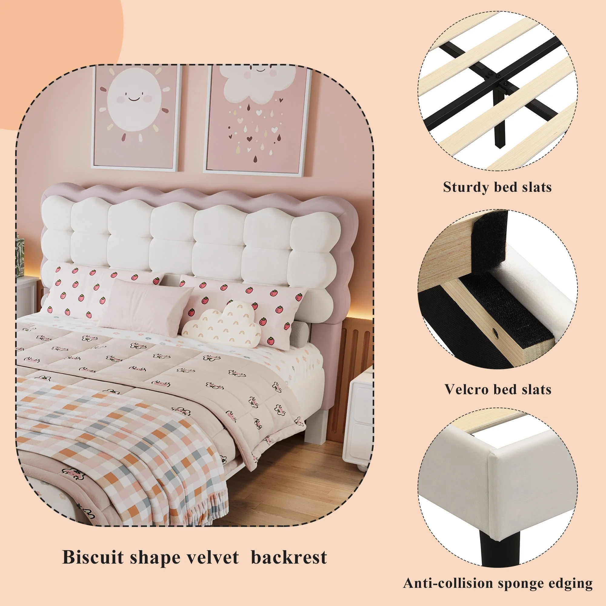 Upholstered Bed, Biscuit Shape Velvet Backrest, 4ft6 Double, Beige+Pink - Image 5