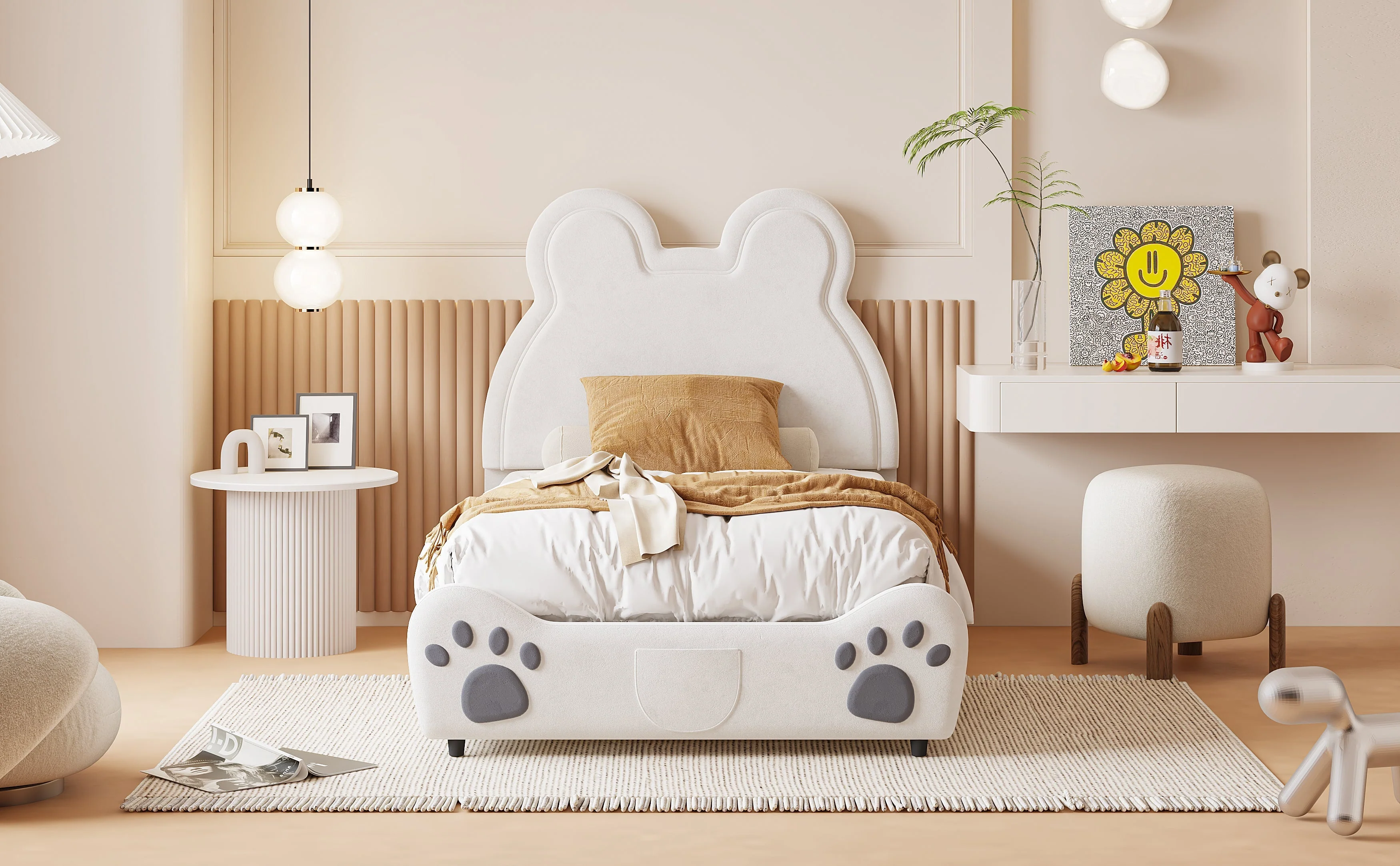 Upholstered Bed, Children's 90x200cm Bear-Shaped, White Velour - Image 2