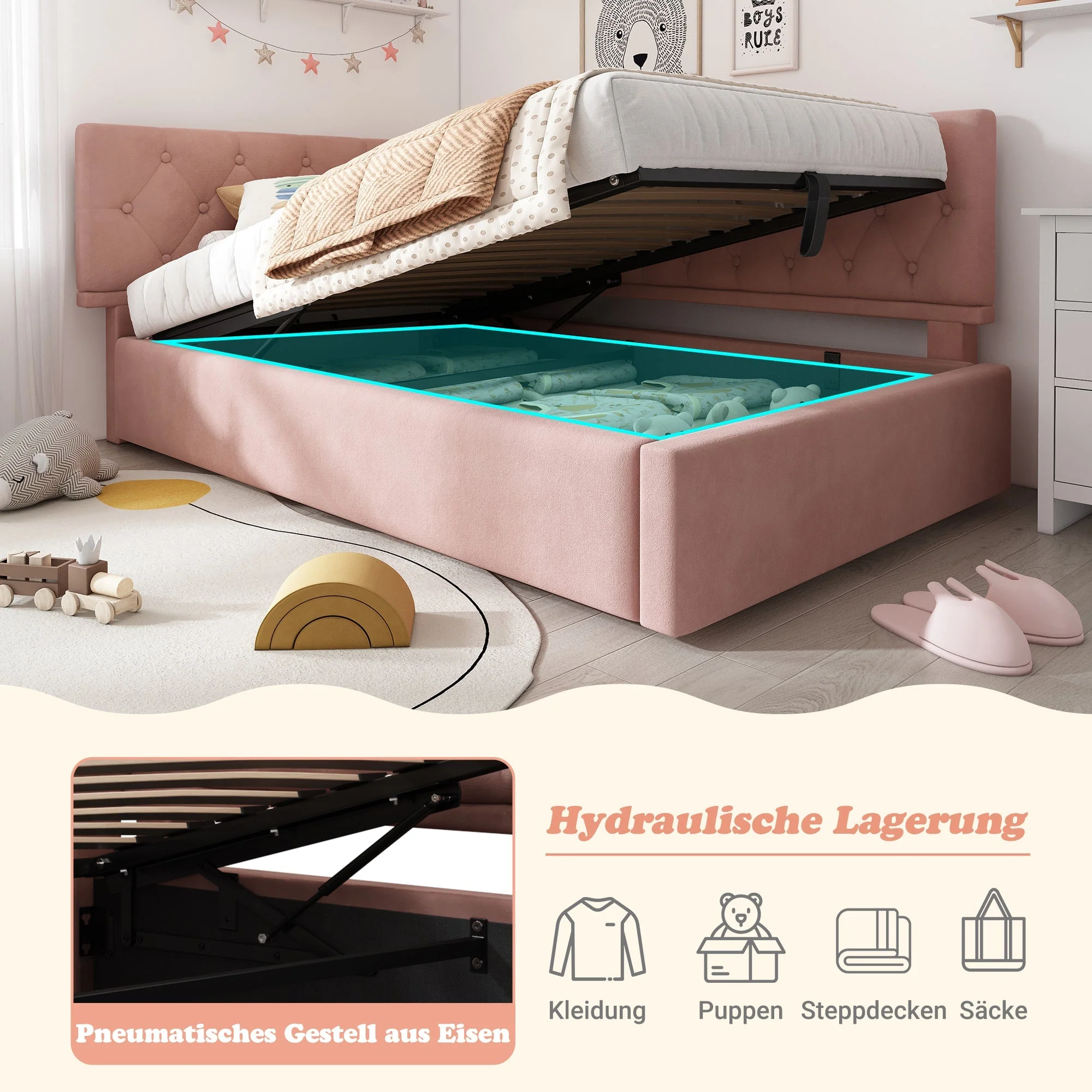 Upholstered Bed Day Bed 90x200cm Sofa Bed with Hydraulic Storage Space, Velvet, Pink - Image 5