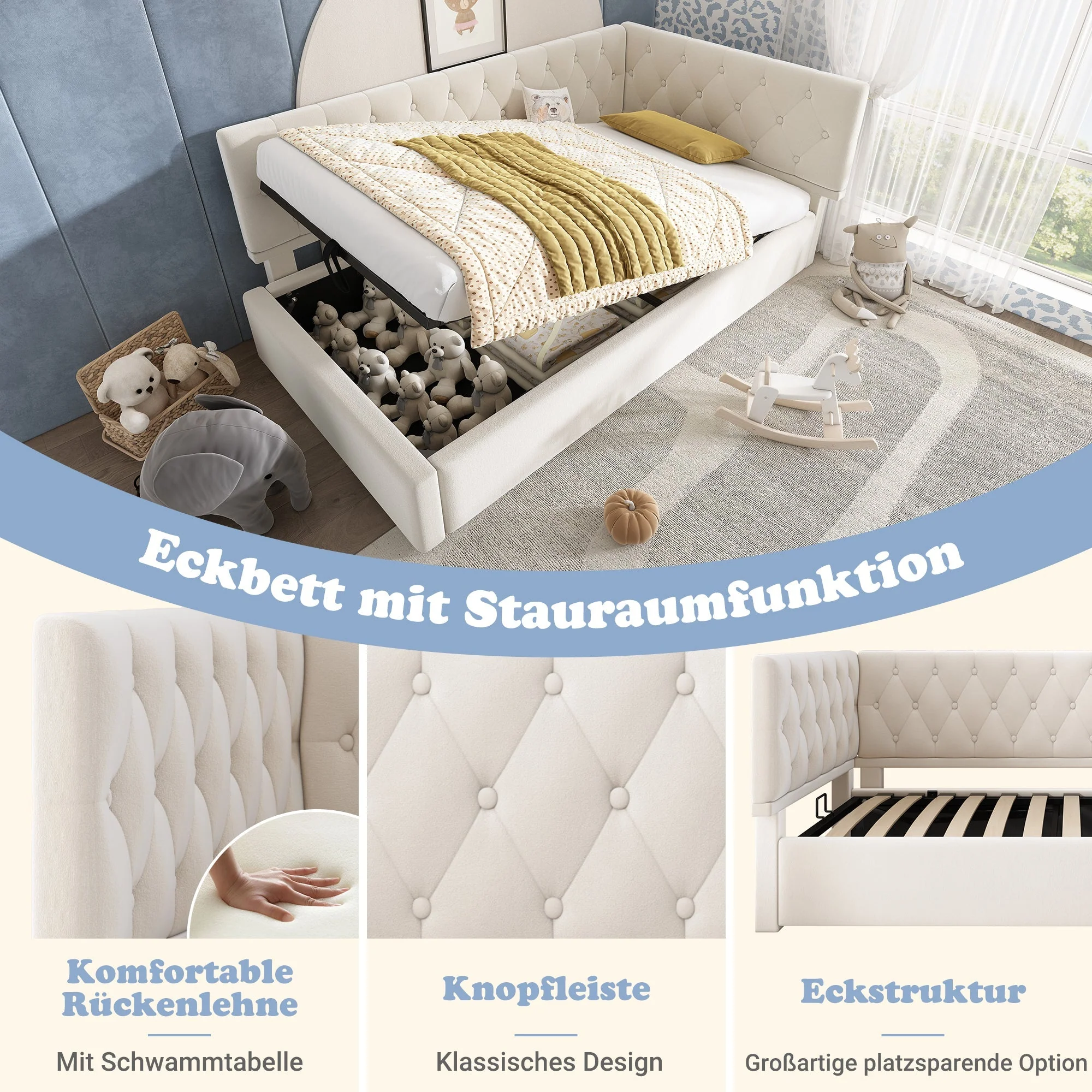 Upholstered Bed, Daybed 90x200cm with Hydraulic Storage, Wooden Slatted Frame, Beige Velvet - Image 3