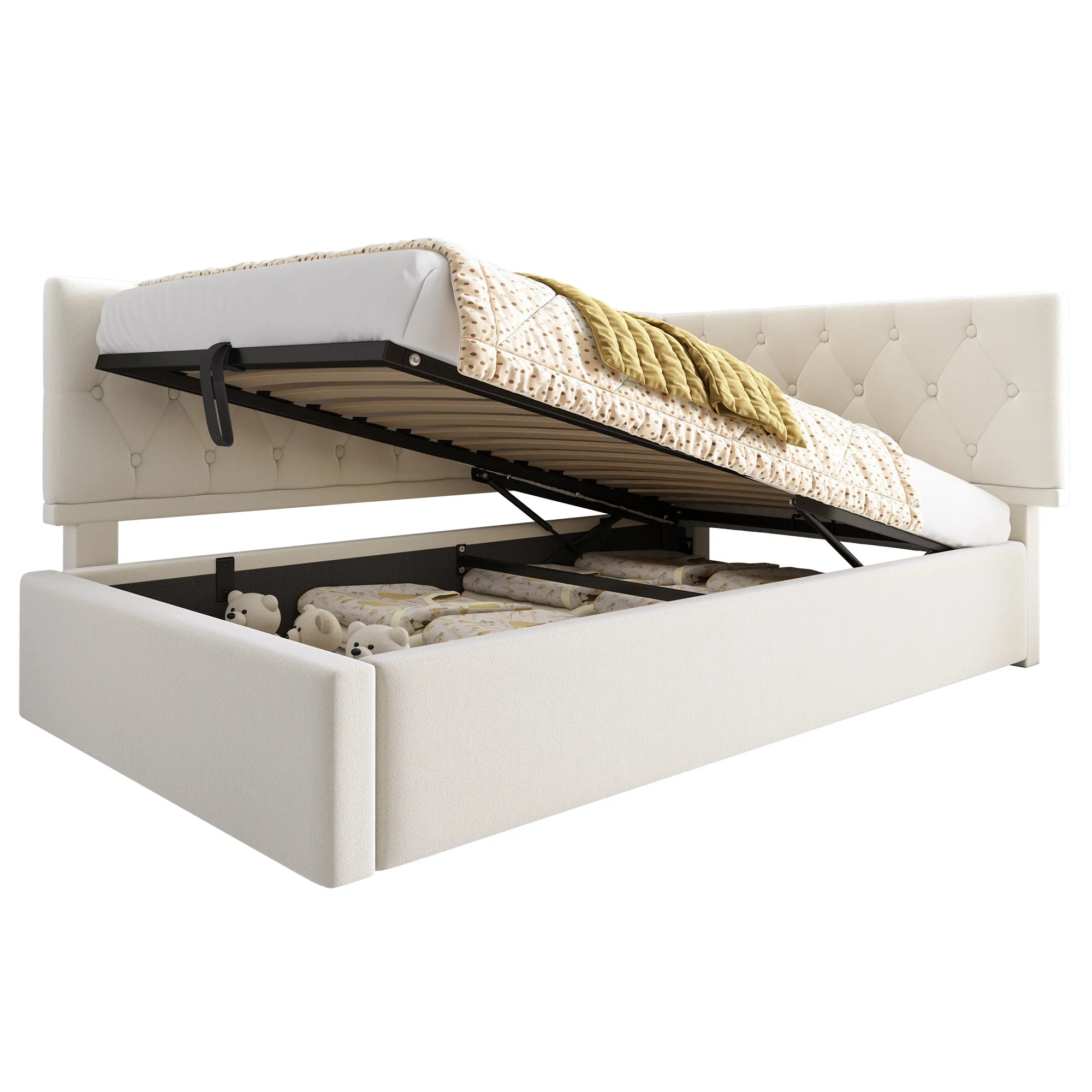 Upholstered Bed, Daybed 90x200cm with Hydraulic Storage, Wooden Slatted Frame, Beige Velvet - Image 9