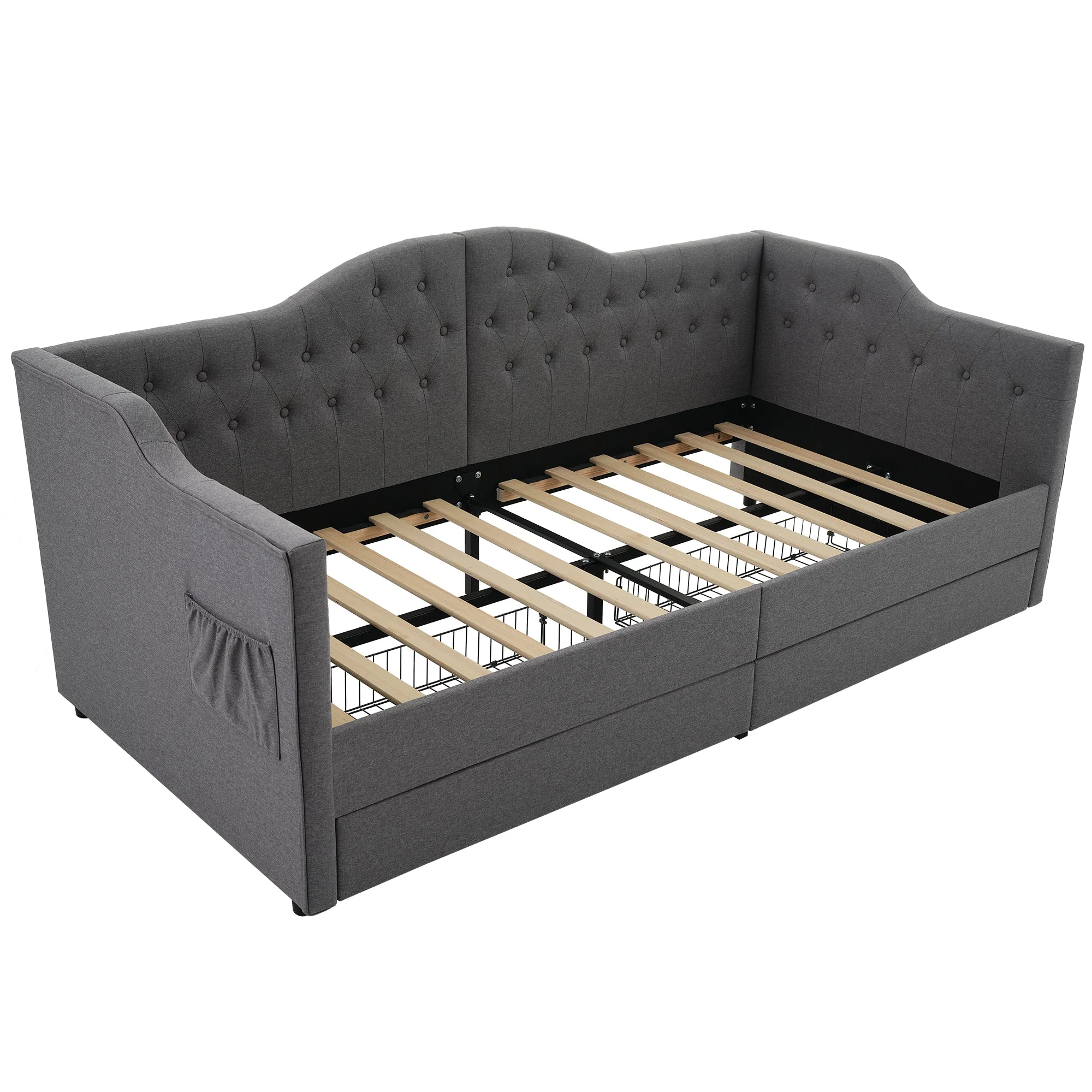 Upholstered Bed Daybed Sofa Bed Storage Bed with USB-C, 2 Drawers, 90x200cm, Grey Linen - Image 9