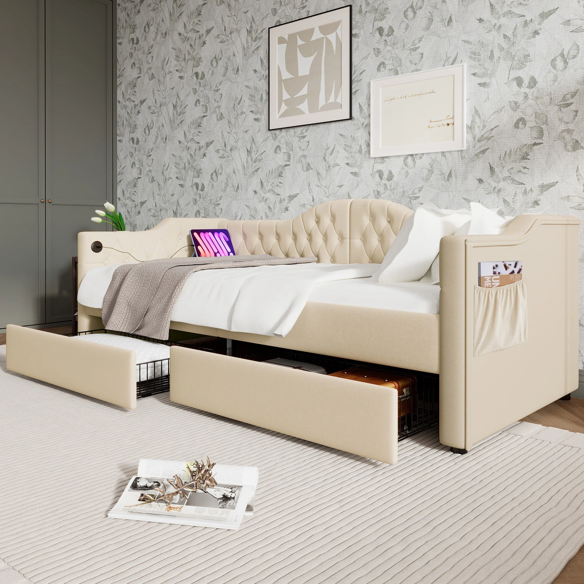 Upholstered Bed, Daybed Sofa Bed with USB C & 2 Drawers, 90x200cm Beige Velvet - Image 9