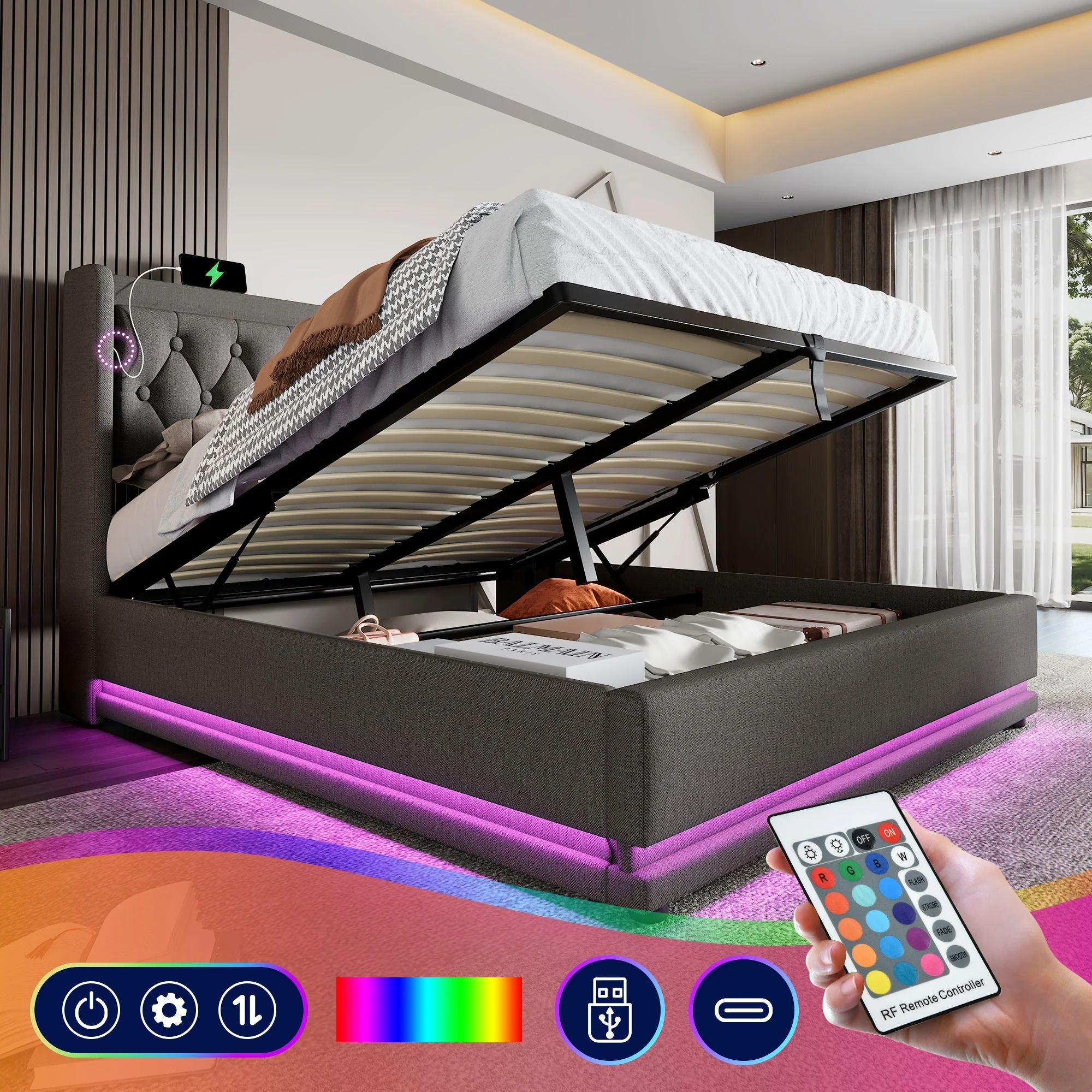 Upholstered Bed Double 140x200 cm, Hydraulic Storage, USB-C Charging, 3-Sided LED, Gray Cotton
