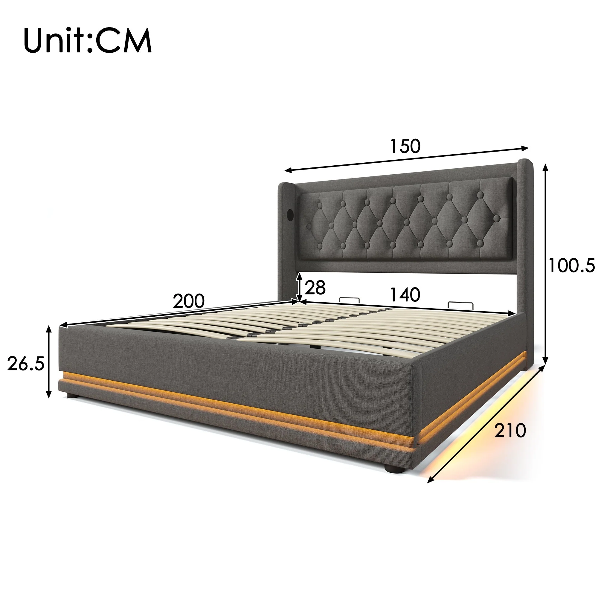 Upholstered Bed Double 140x200 cm, Hydraulic Storage, USB-C Charging, 3-Sided LED, Gray Cotton - Image 2
