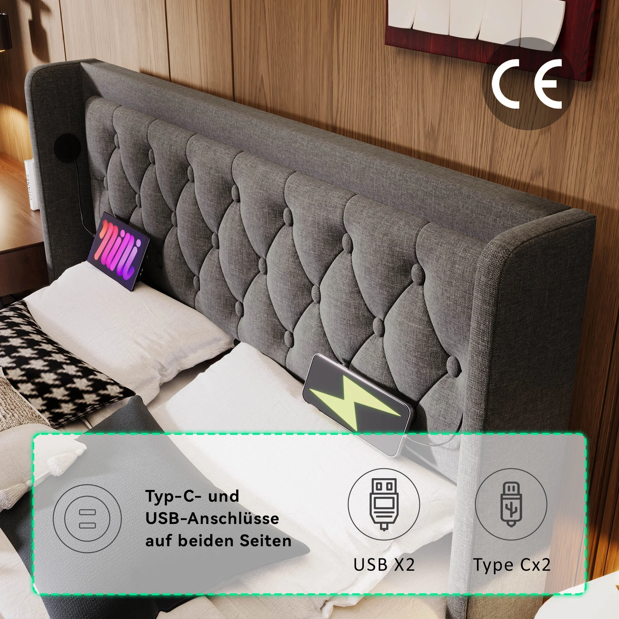 Upholstered Bed Double 140x200 cm, Hydraulic Storage, USB-C Charging, 3-Sided LED, Gray Cotton - Image 6