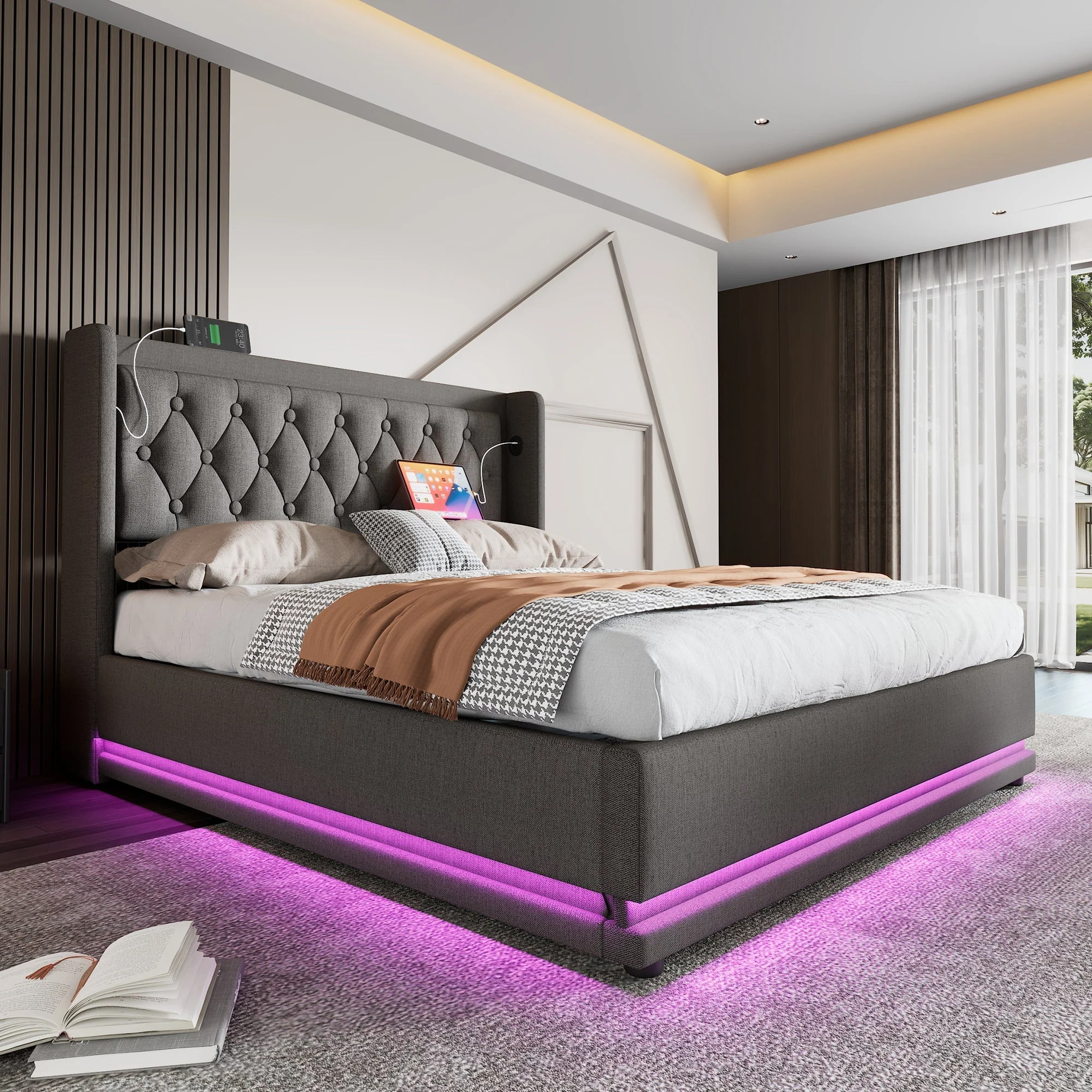 Upholstered Bed Double 140x200 cm, Hydraulic Storage, USB-C Charging, 3-Sided LED, Gray Cotton - Image 9