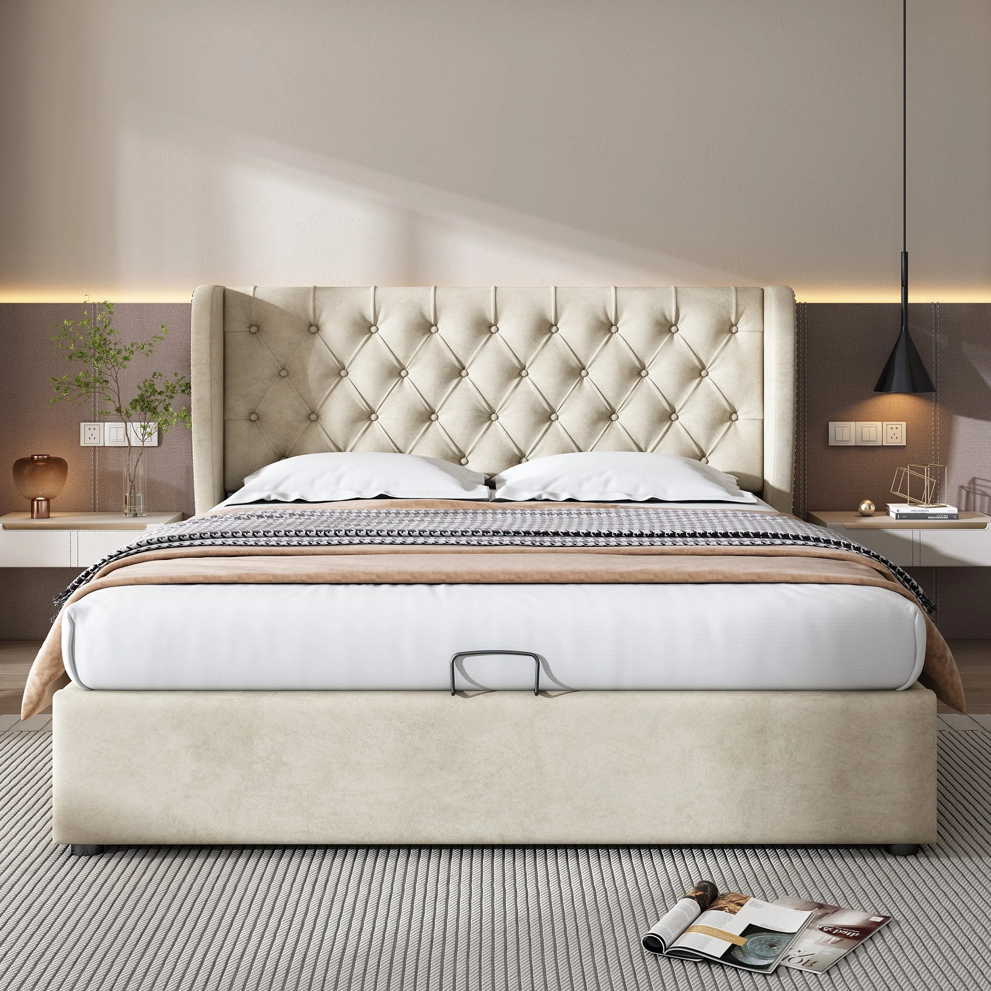 Upholstered Bed Double 140x200 Hydraulic Storage Ear-Shaped Headboard Velvet Beige - Image 4