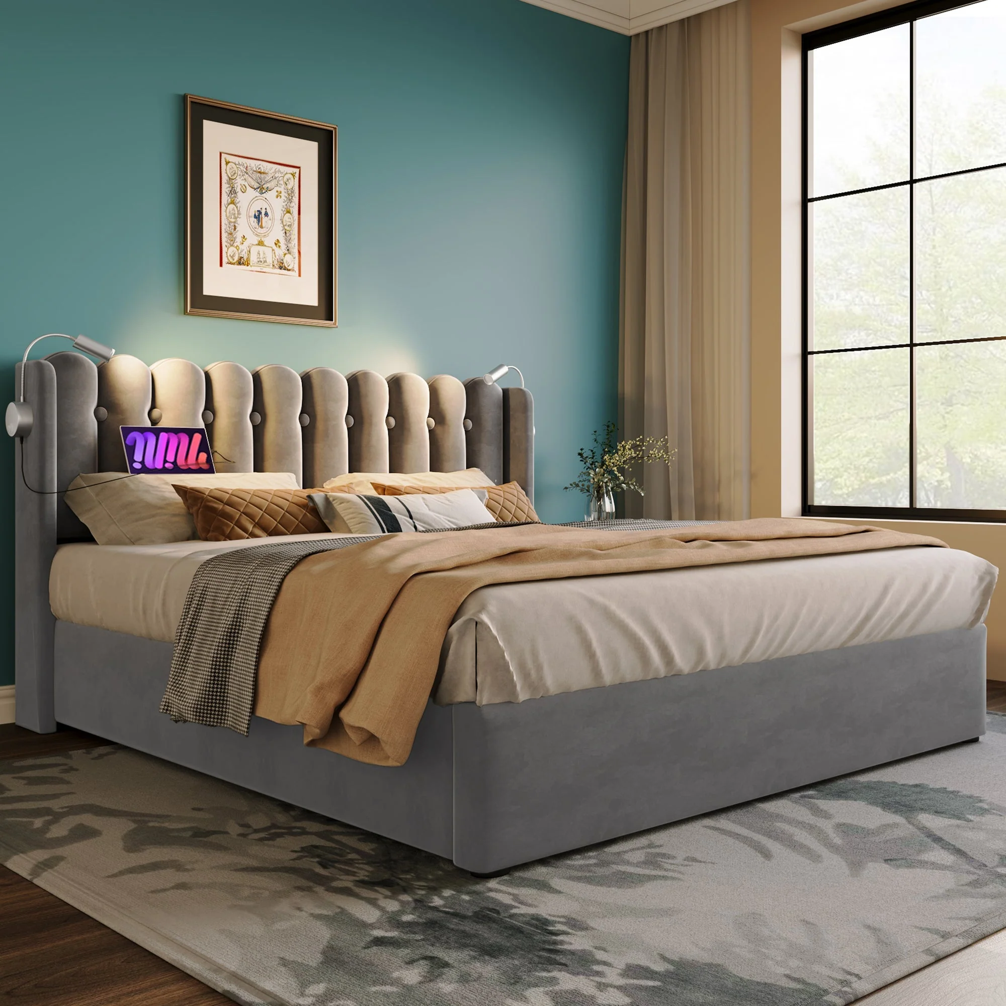 Upholstered Bed Double 140x200, Reading Light, Charging, Storage, Velvet Gray - Image 10