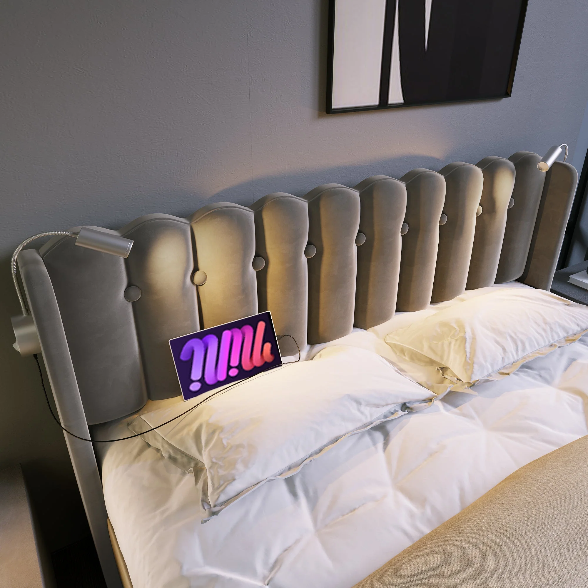 Upholstered Bed Double 140x200, Reading Light, Charging, Storage, Velvet Gray - Image 2