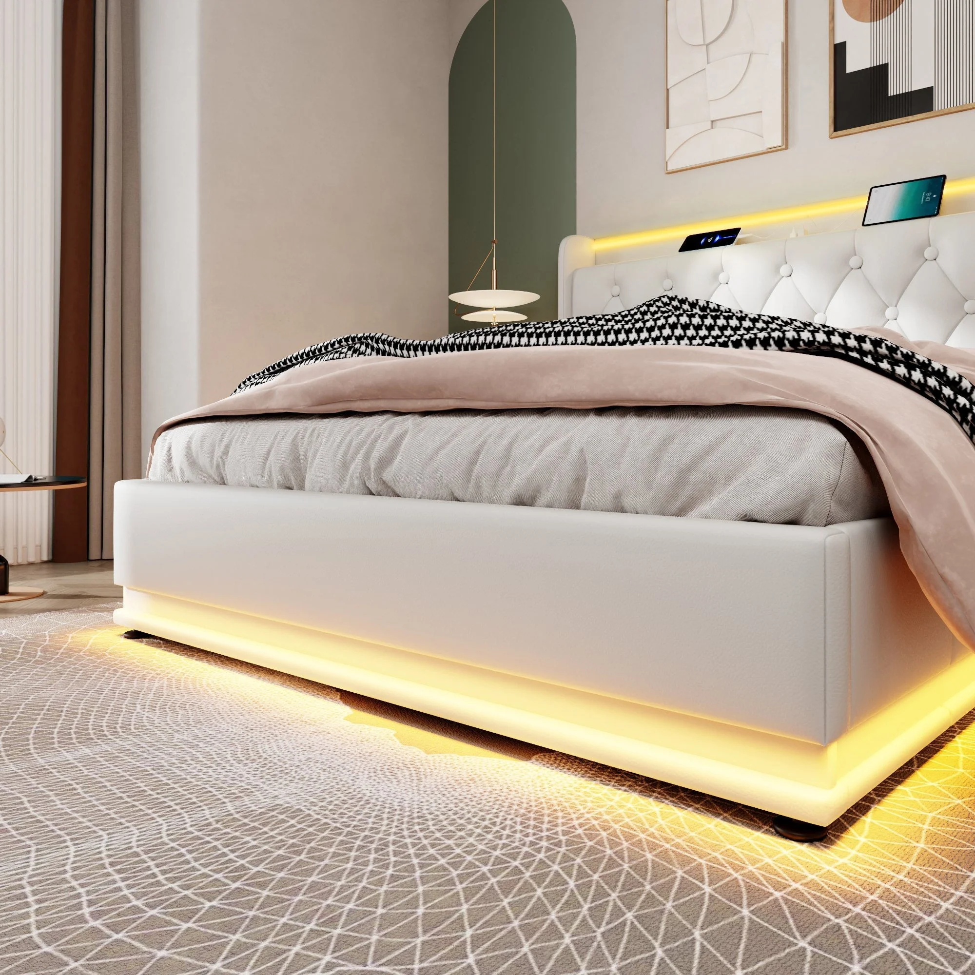 Upholstered Bed Double, 360 LED, Hydraulic Storage, USB-C, 140x200 cm, White PU - Image 10