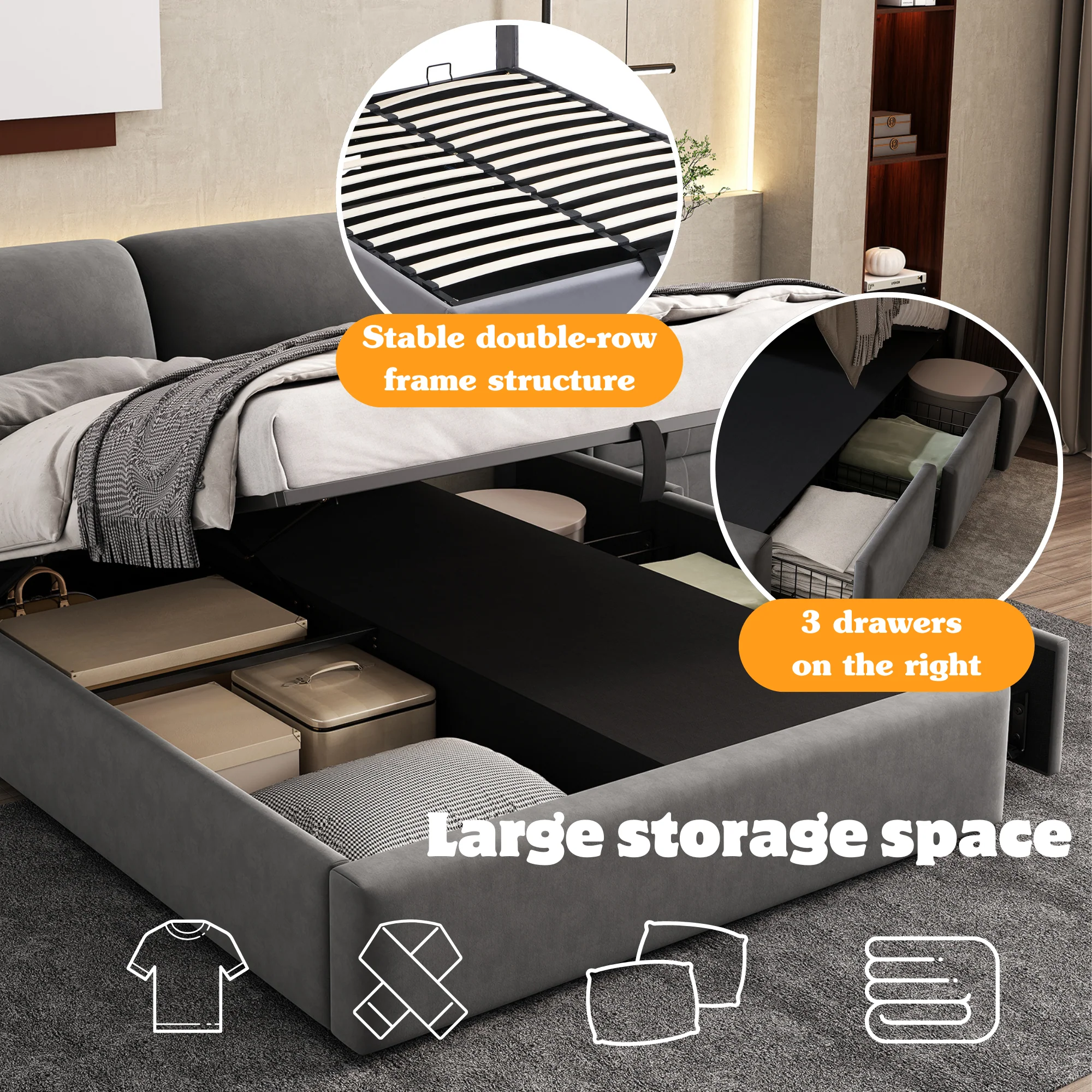 Upholstered Bed, Double 4ft6 (135x190cm) Hydraulic with Three Drawers, Storage Box & Slatted Frame, Velvet Grey - Image 5