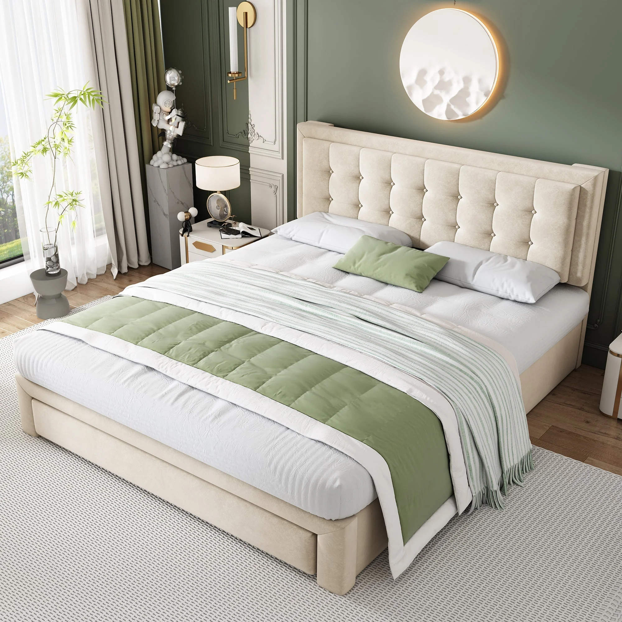 Upholstered Bed Double 4ft6 (135x190cm) with Storage, Slats & Headboard, Velvet Cream - Image 5