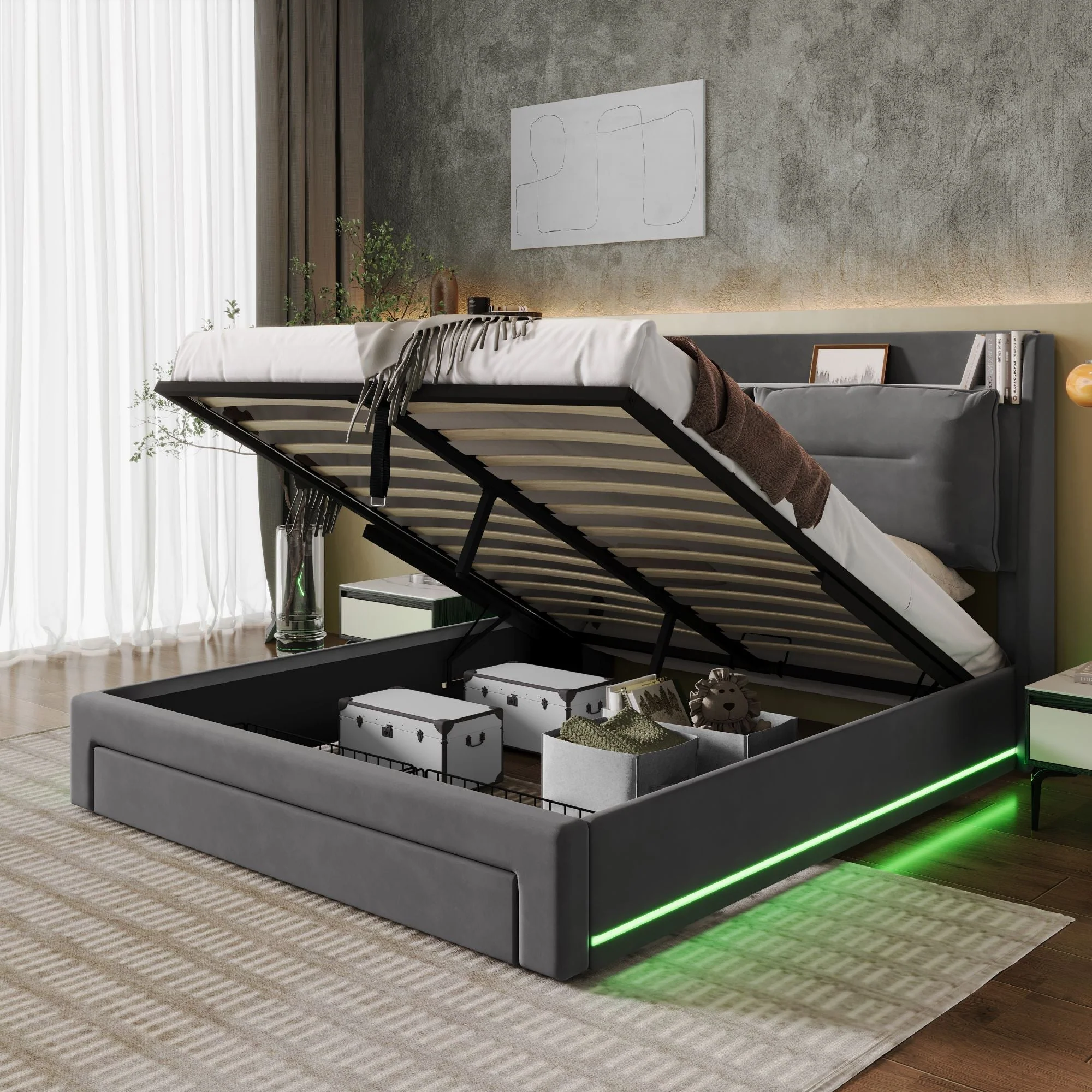 Upholstered Bed Double 4ft6 Hydraulic Storage LED Lights, Velvet Dark Gray - Image 3