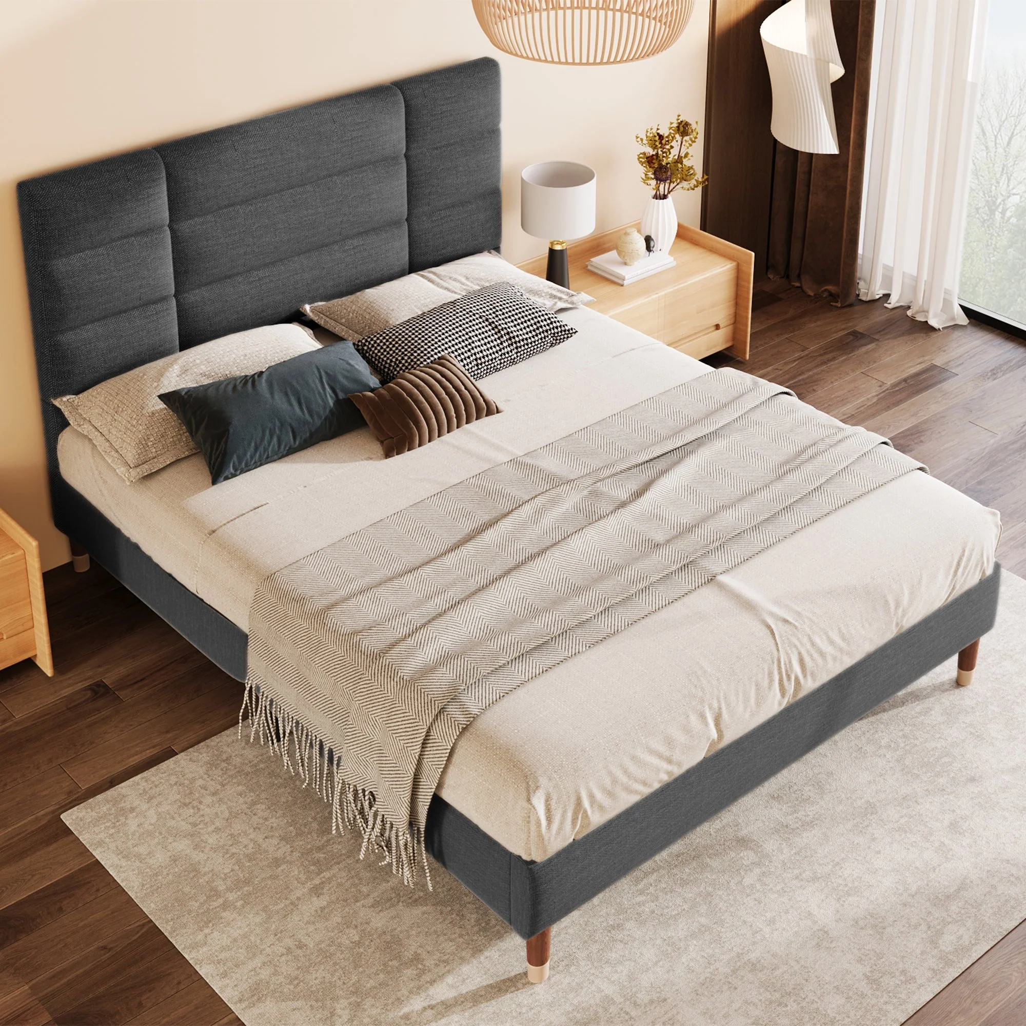 Upholstered bed, double bed with slatted frame 140x200cm, dark grey linen - Image 2