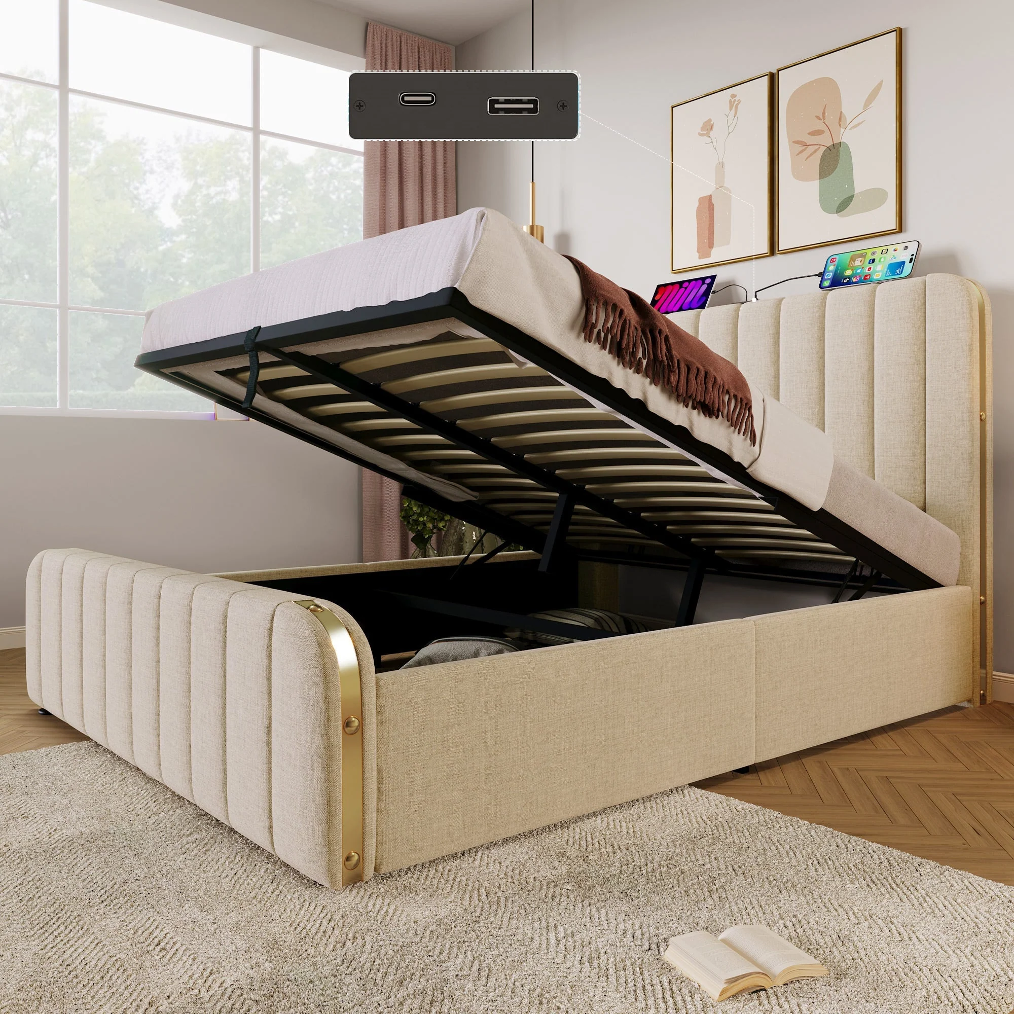 Upholstered Bed, Double Headboard with USB-C Charging, 140x200 cm, Beige Linen