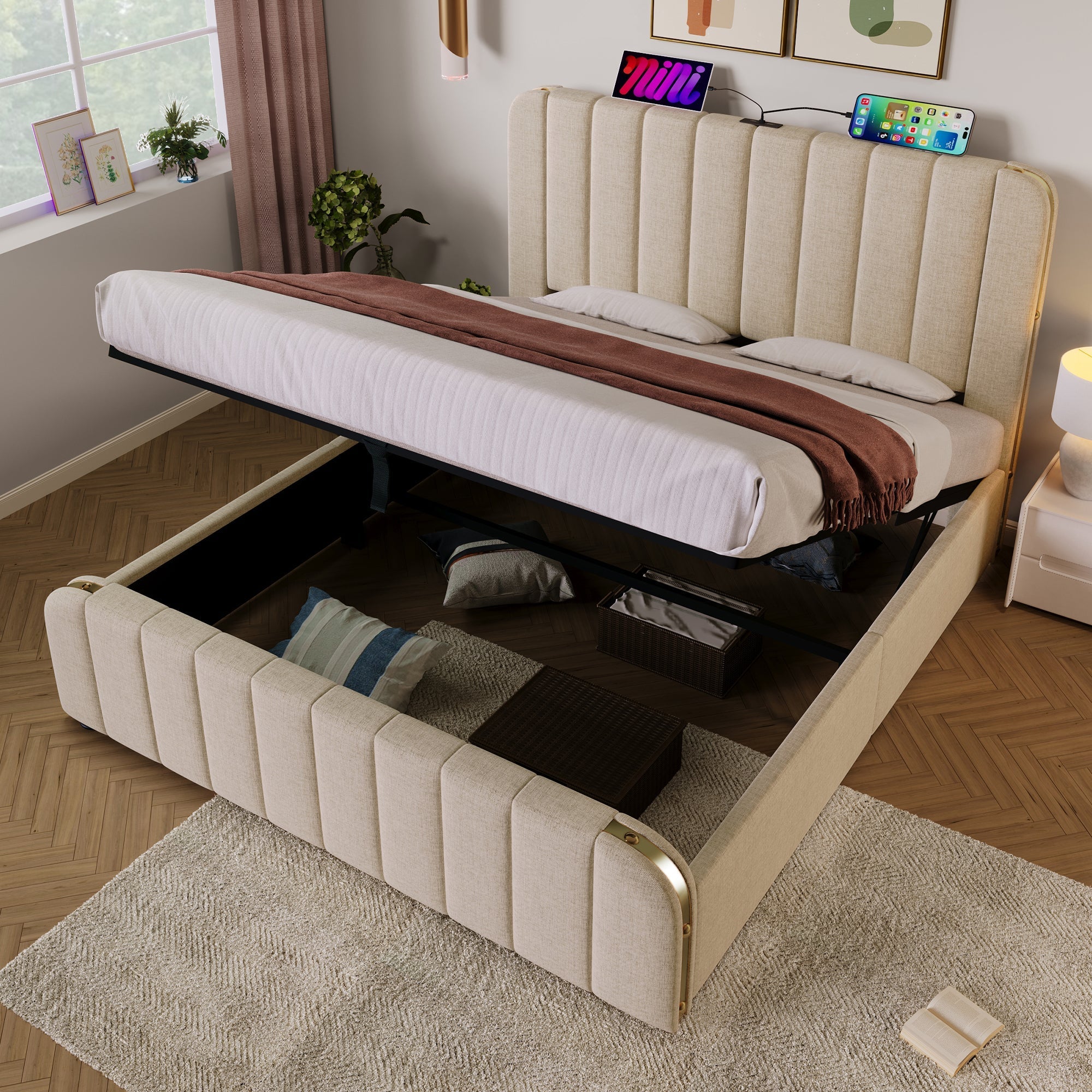 Upholstered Bed, Double Headboard with USB-C Charging, 140x200 cm, Beige Linen - Image 10