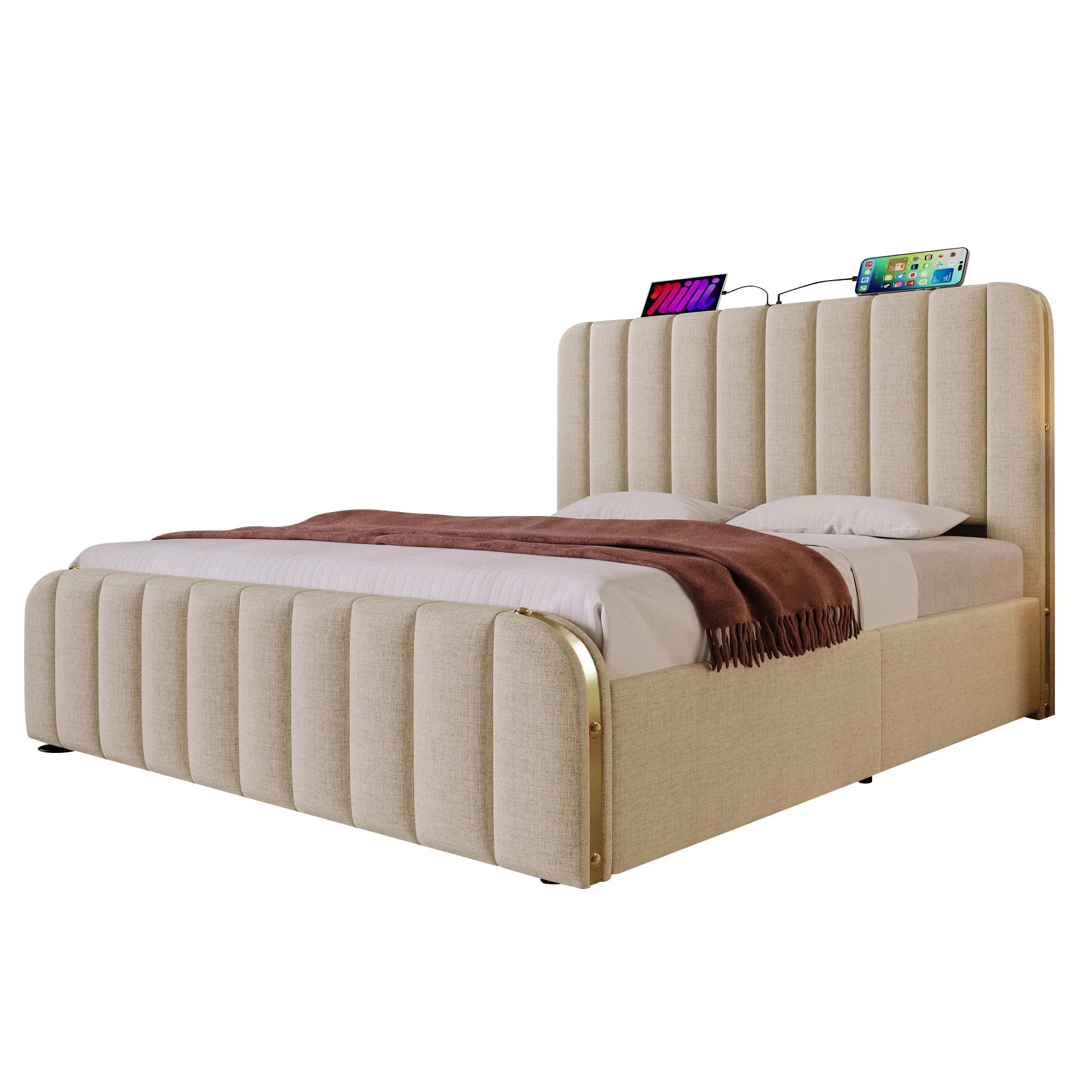 Upholstered Bed, Double Headboard with USB-C Charging, 140x200 cm, Beige Linen - Image 7