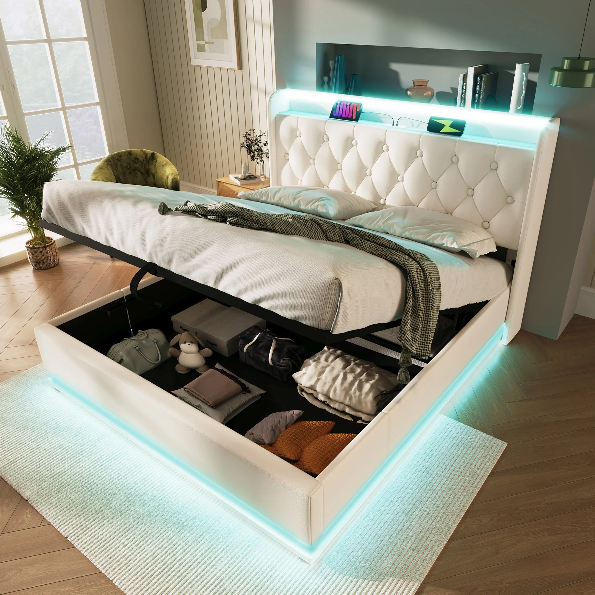 Upholstered Bed Double, LED, Hydraulic Storage, USB-C Charging, White PU - Image 9