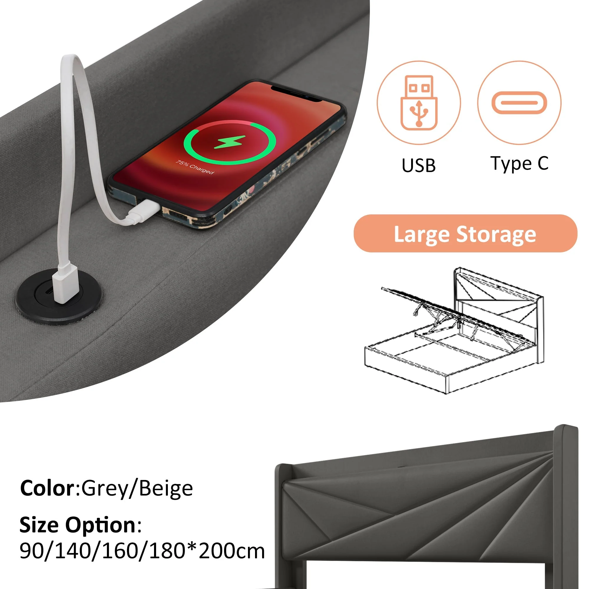 Upholstered Bed, Double, Storage Box with USB Type C Headboard, 160x200 Linen - Image 3
