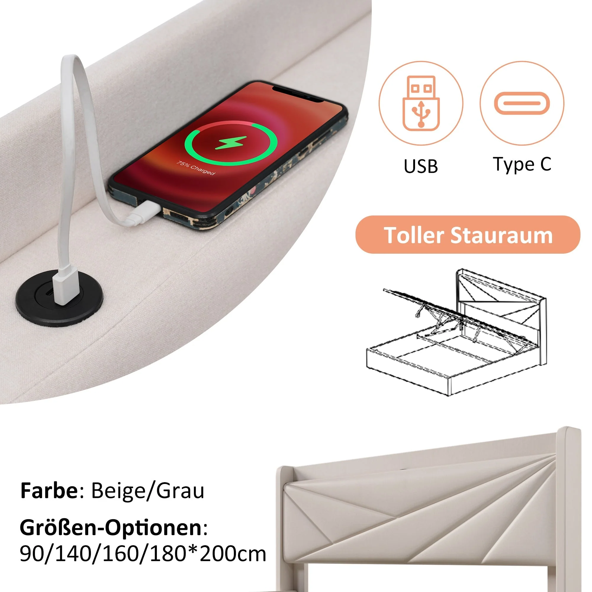 Upholstered Bed, Double, Storage, USB-C Headboard, 140x200, Linen - Image 10