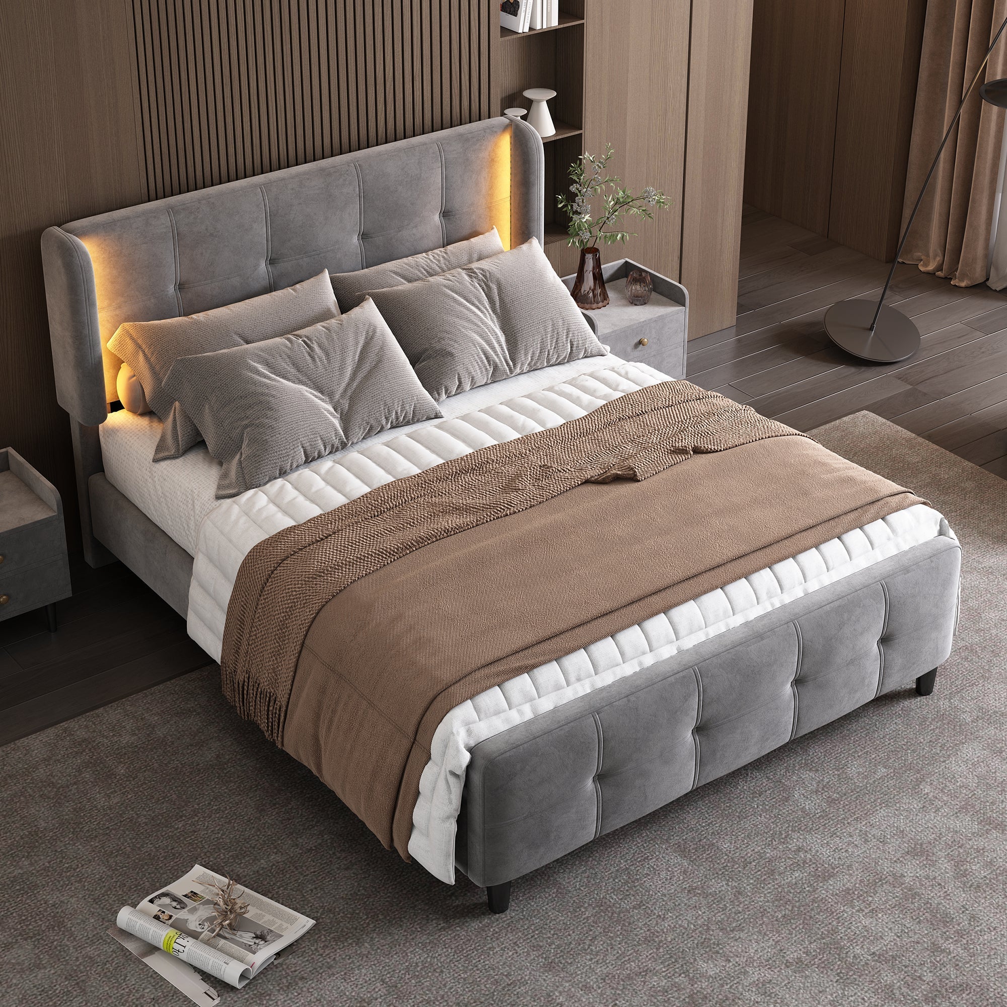 Upholstered Bed, Double with 16-Color LED, Adjustable Headboard, Velvet Gray - Image 2