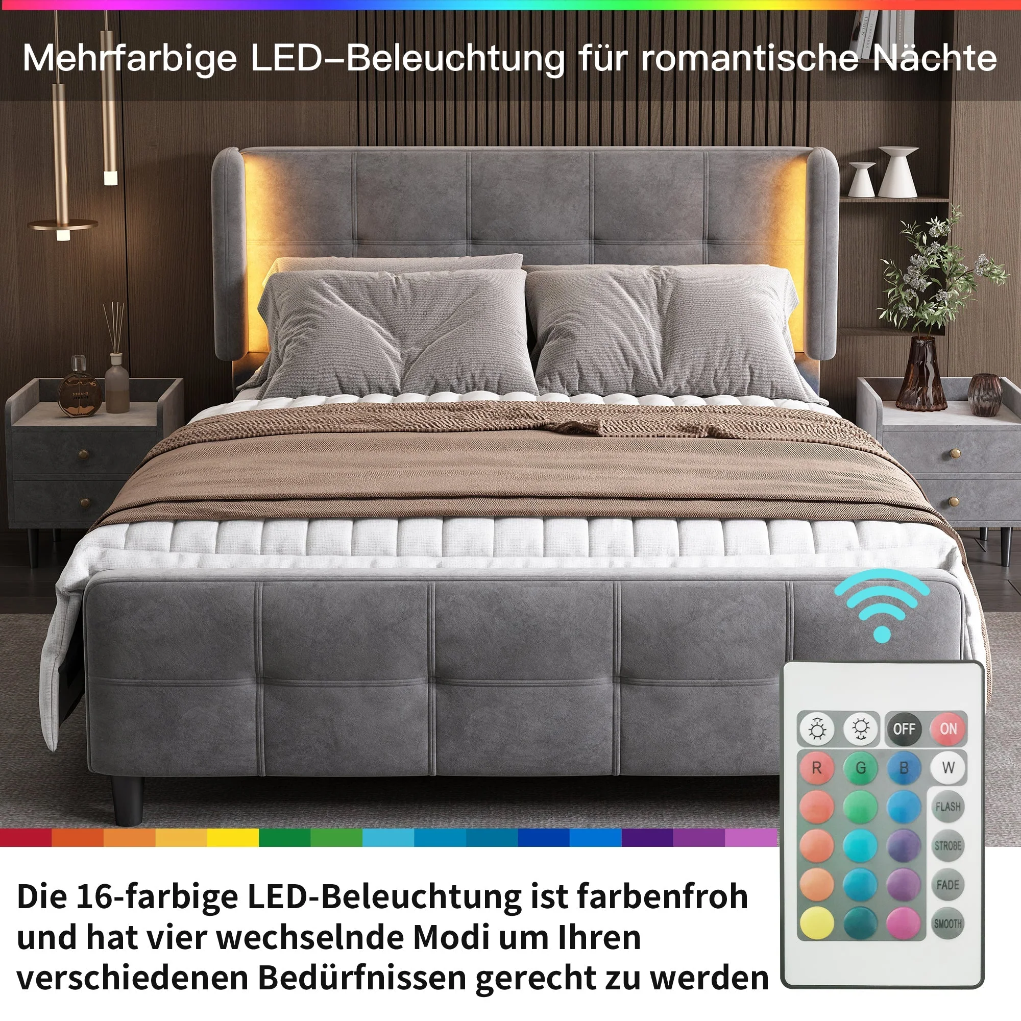 Upholstered Bed, Double with 16-Color LED, Adjustable Headboard, Velvet Gray - Image 4