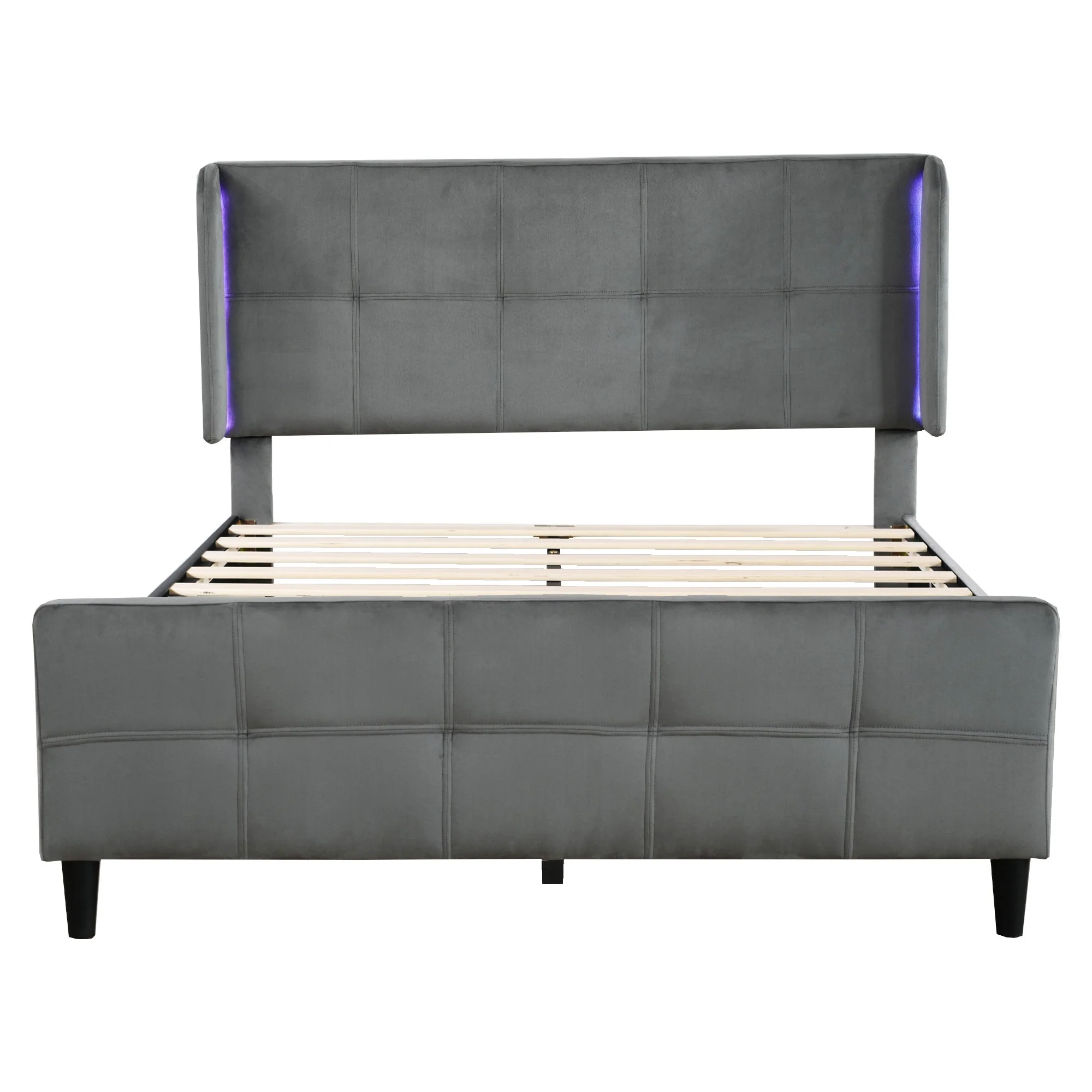 Upholstered Bed, Double with 16-Color LED, Adjustable Headboard, Velvet Gray - Image 9