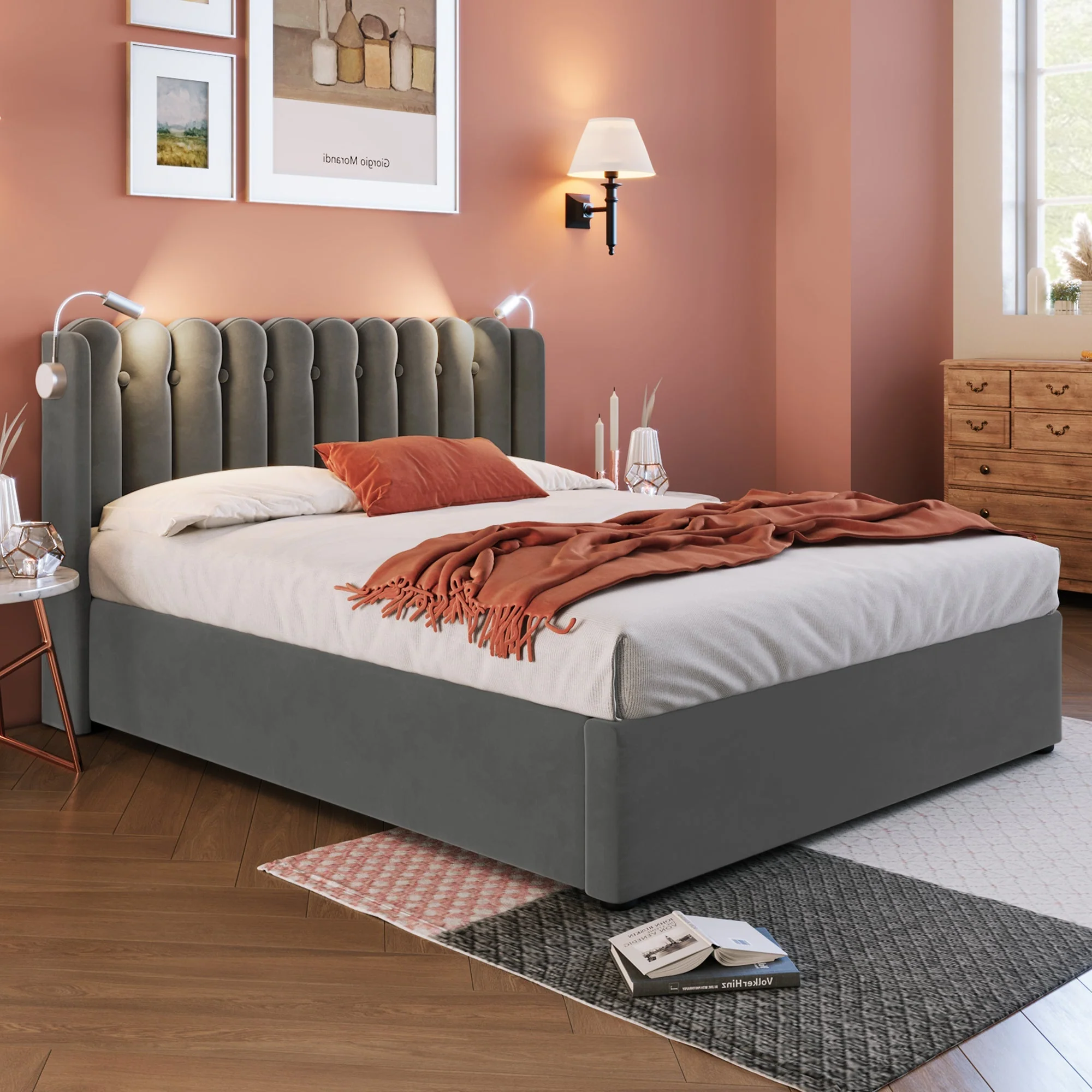 Upholstered Bed, Double with Reading Light, Charging, Storage, 160x200, Gray Velvet - Image 4