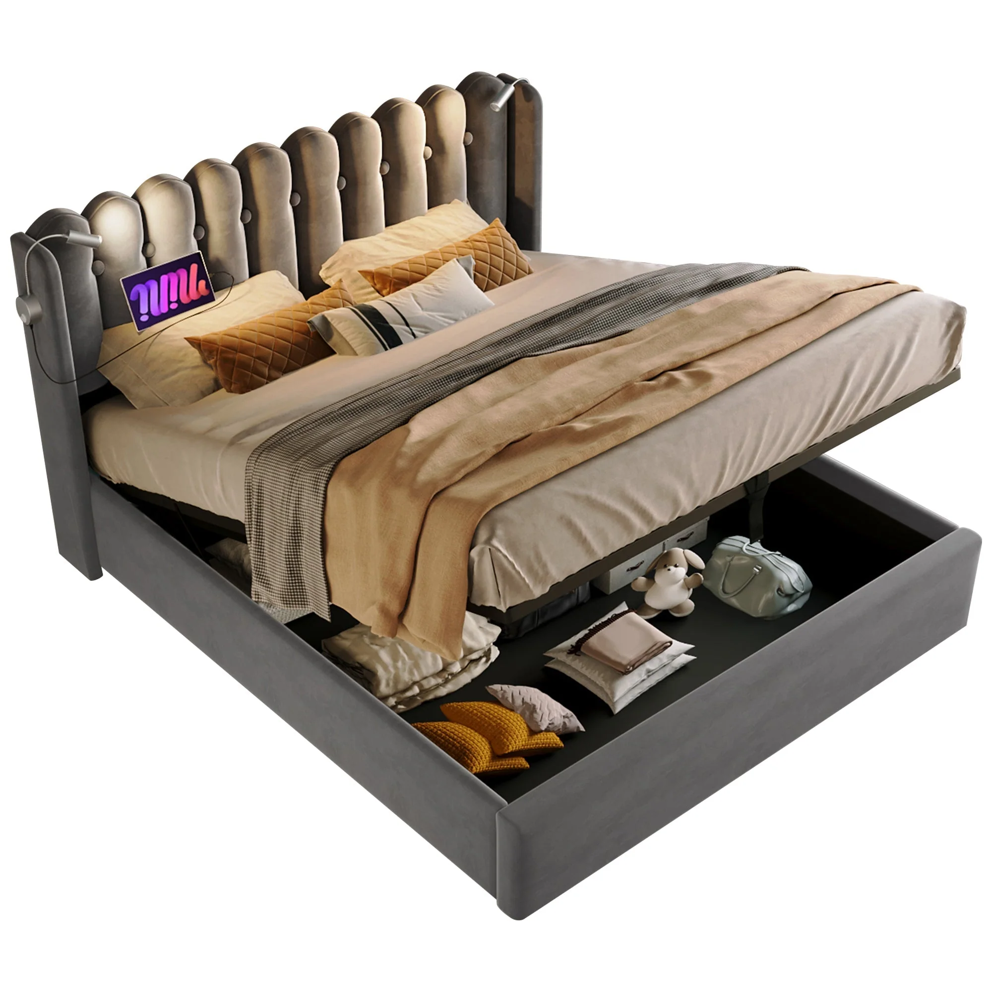 Upholstered Bed, Double with Reading Light, Charging, Storage, 160x200, Gray Velvet - Image 8
