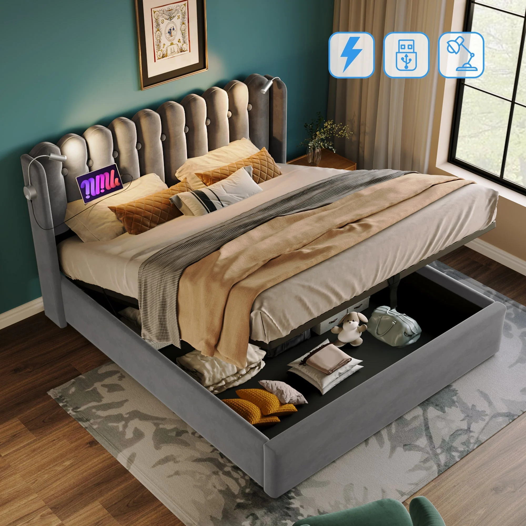 Upholstered Bed, Double with Reading Light, Charging, Storage, 160x200 Velvet Gray - Image 2