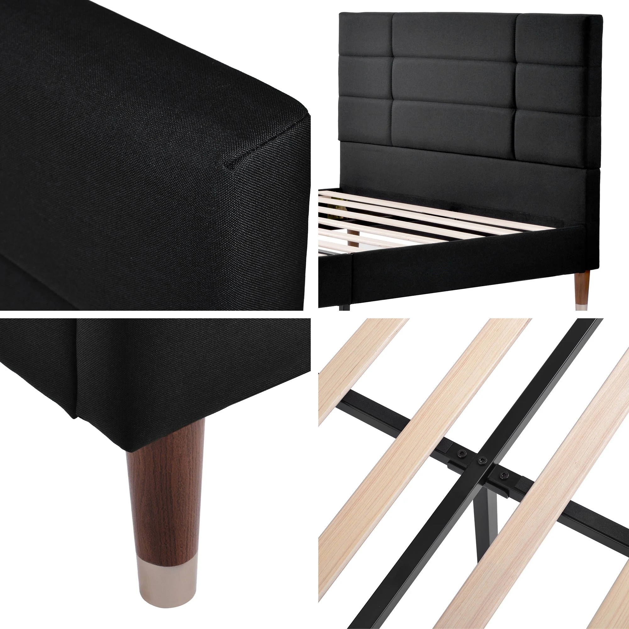 Upholstered bed, double with slatted frame 140x200cm, black linen - Image 2