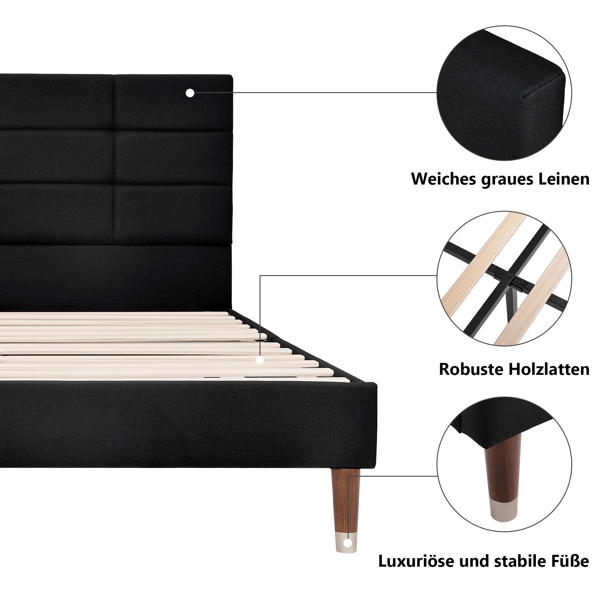 Upholstered bed, double with slatted frame 140x200cm, black linen - Image 3