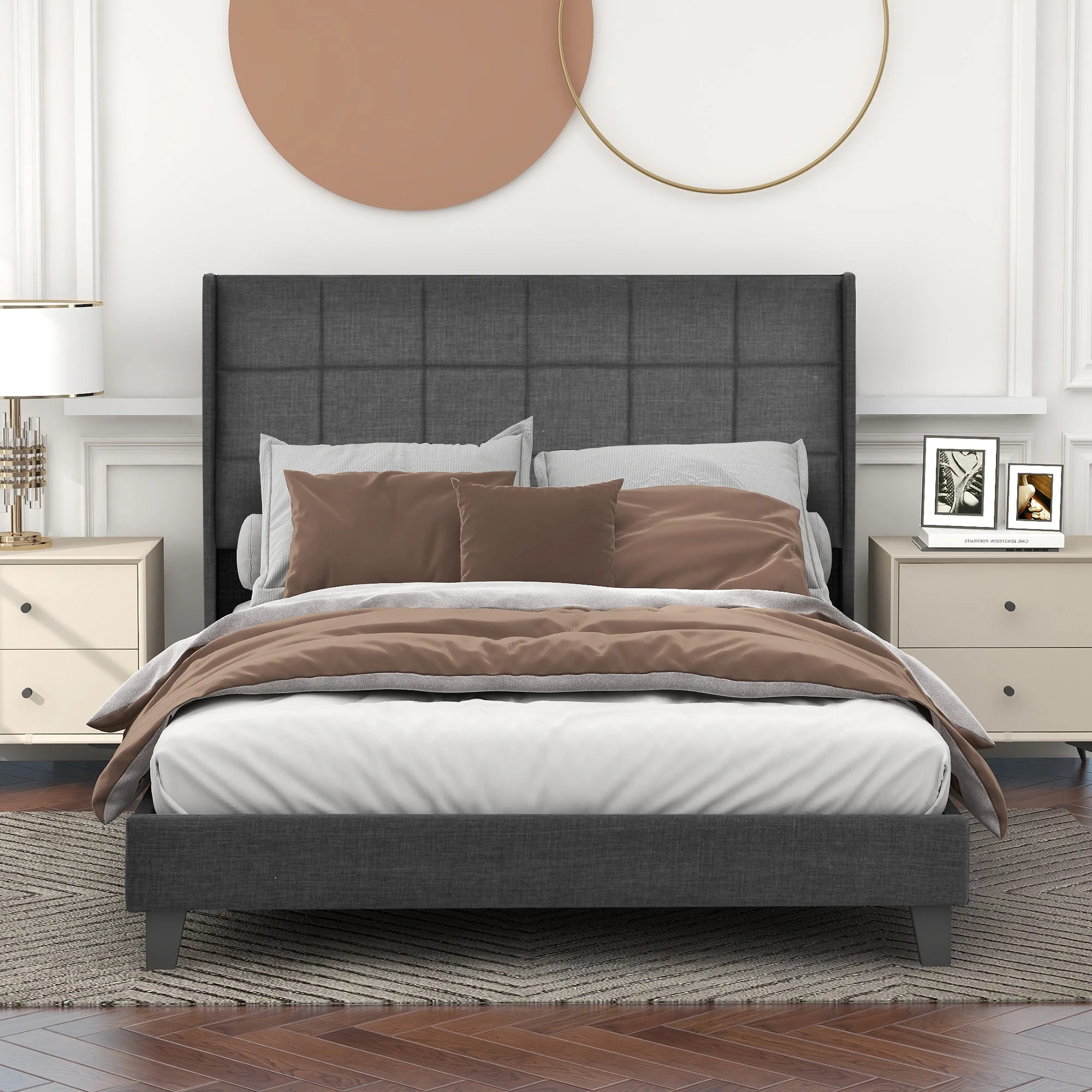 Upholstered Bed, Double with Slatted Frame, 140x200cm, Grey Linen (with Spring Mattress) - Image 2