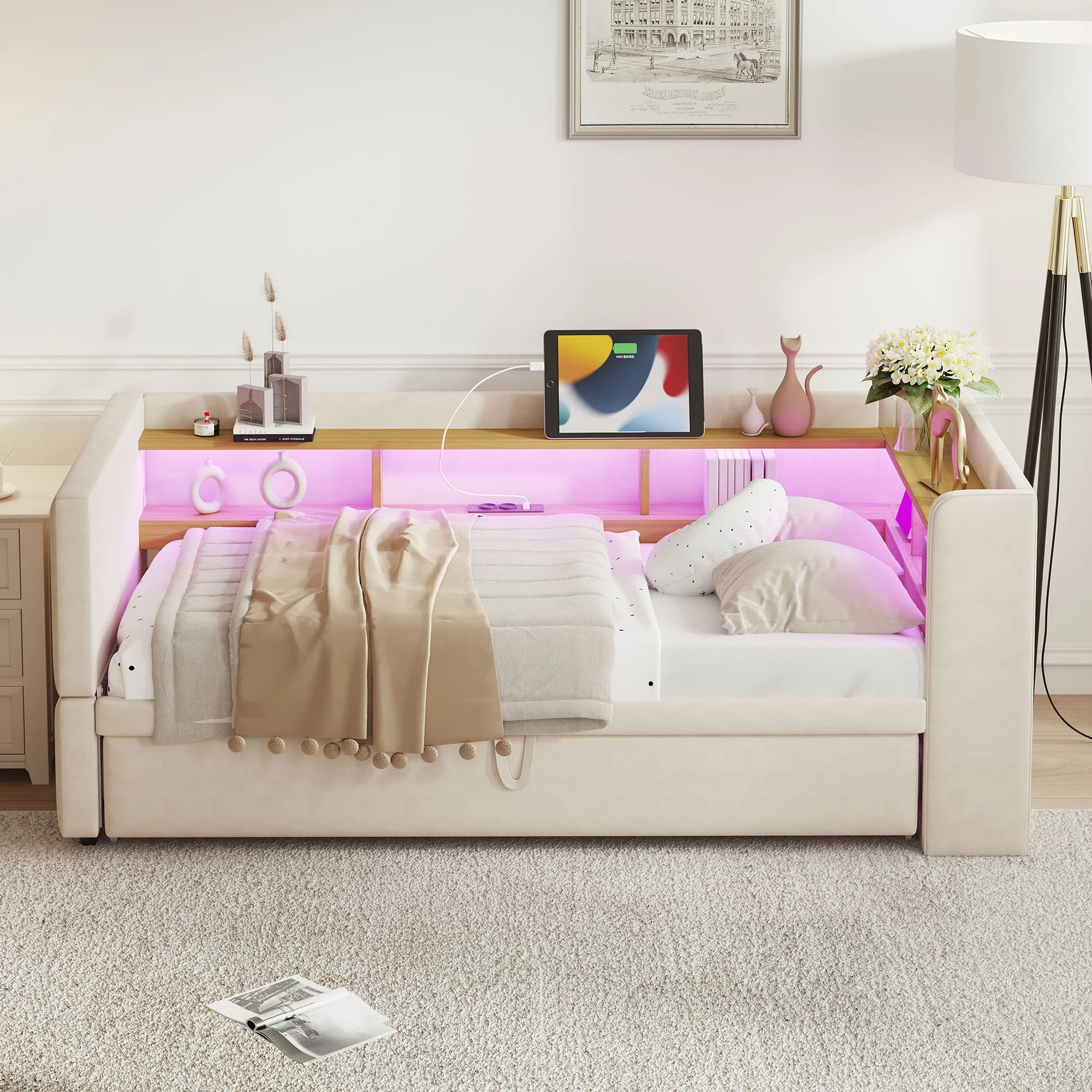 Upholstered Bed Extendable Sofa Bed 90/180*190cm with LED, Sockets & Storage, Beige - Image 3