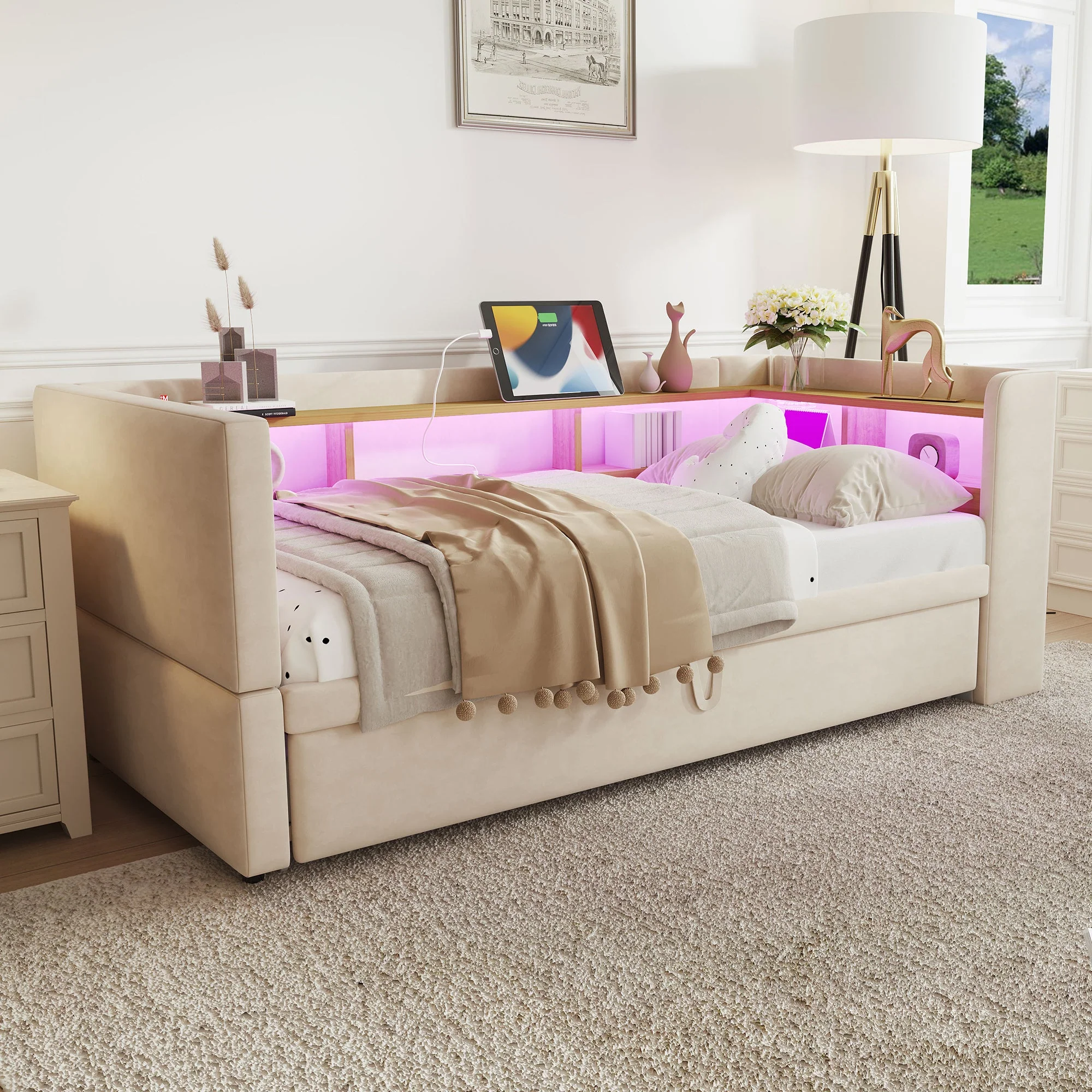 Upholstered Bed Extendable Sofa Bed 90/180*190cm with LED, Sockets & Storage, Beige - Image 4