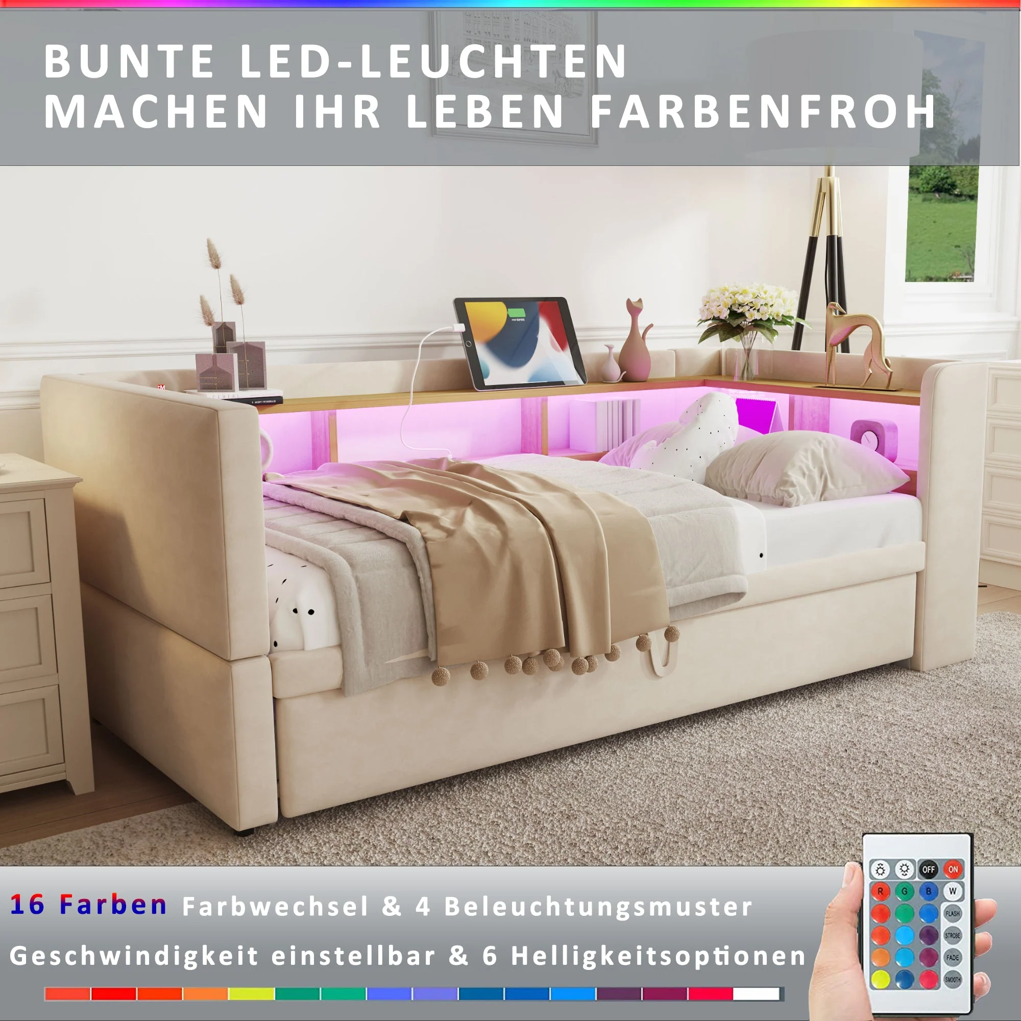 Upholstered Bed Extendable Sofa Bed 90/180*190cm with LED, Sockets & Storage, Beige - Image 5
