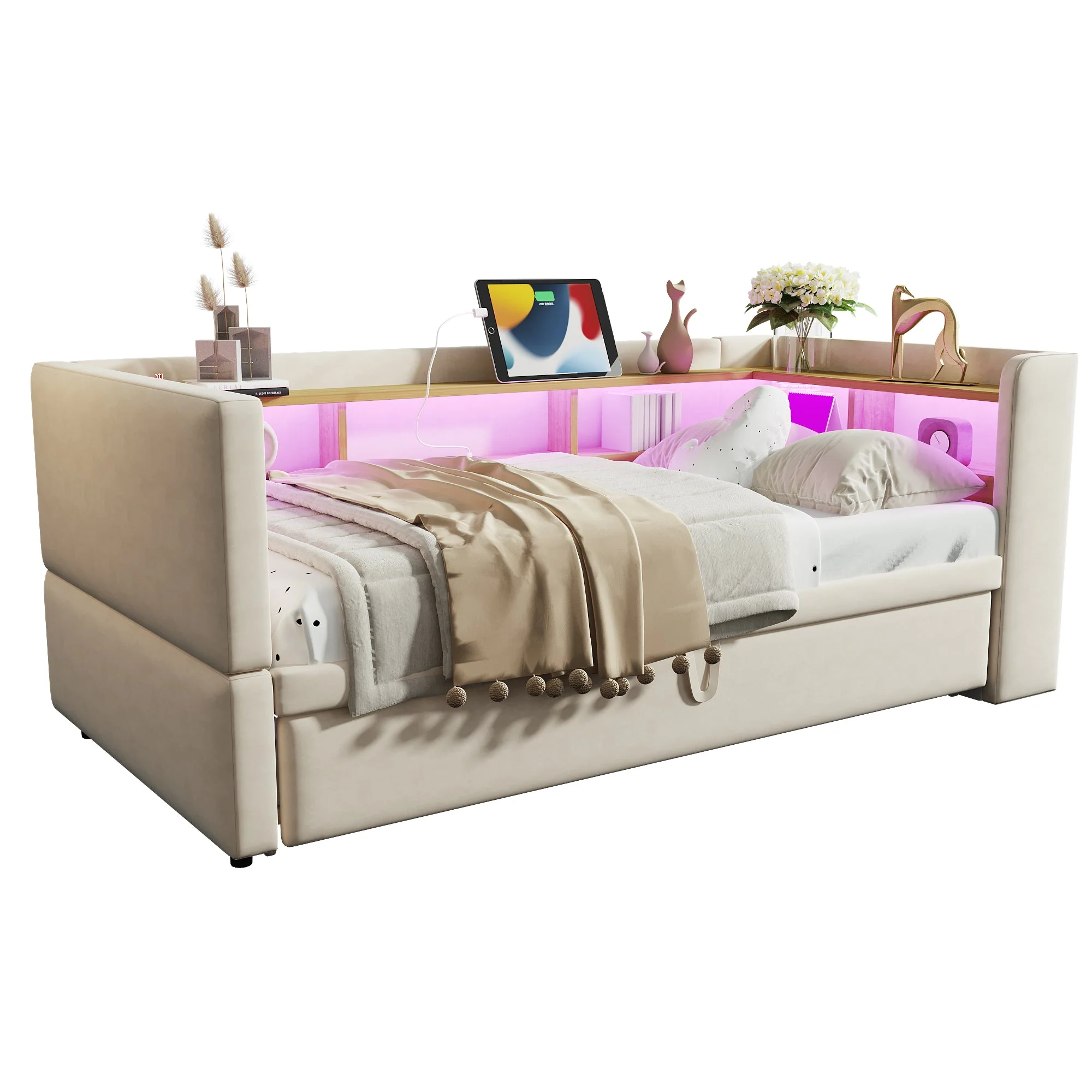 Upholstered Bed Extendable Sofa Bed 90/180*190cm with LED, Sockets & Storage, Beige - Image 6