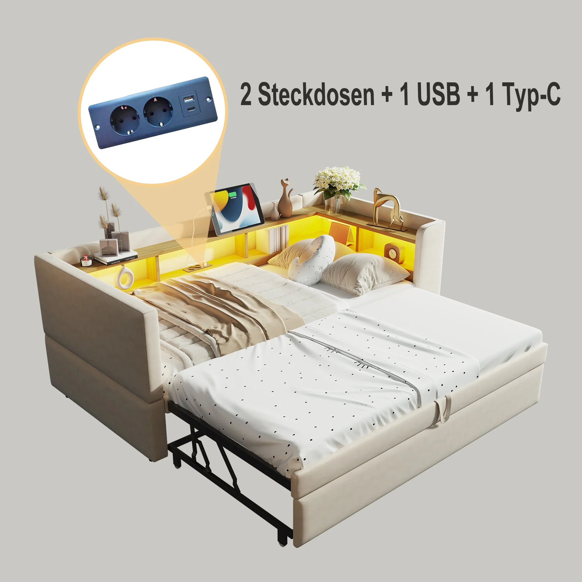 Upholstered Bed Extendable Sofa Bed 90/180*190cm with LED, Sockets & Storage, Beige - Image 9