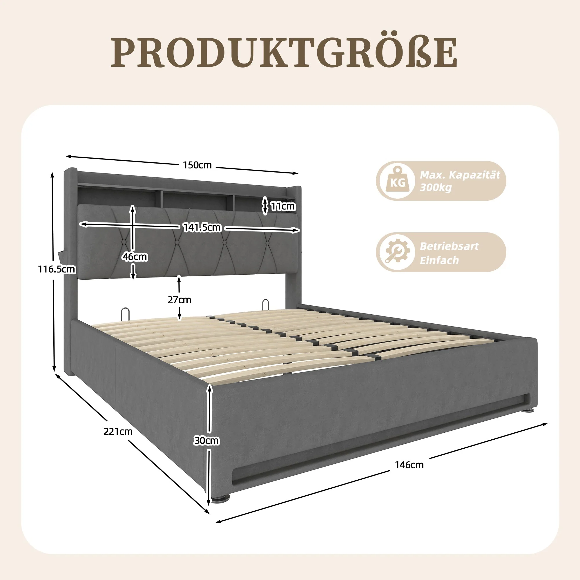 Upholstered Bed Frame 140x200cm, LED, USB-C Charging, Hydraulic Storage Headboard, Grey - Image 2