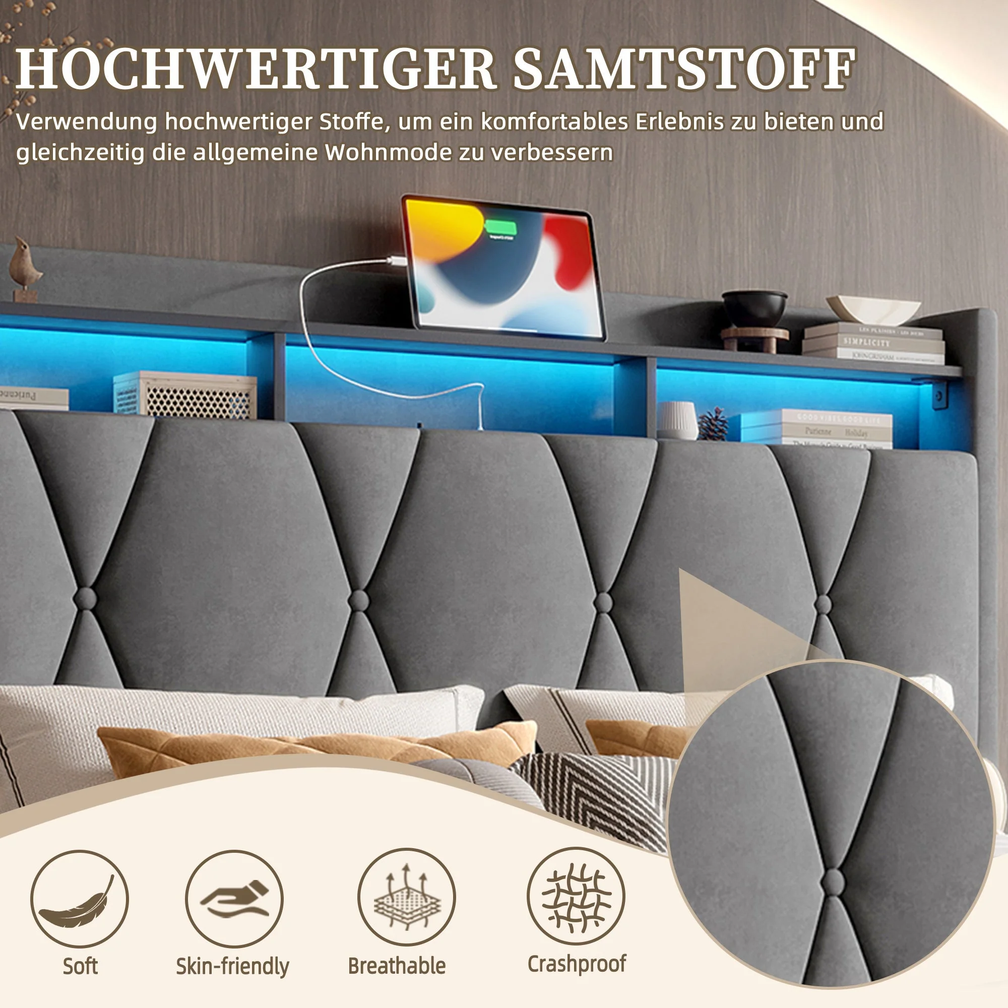 Upholstered Bed Frame 140x200cm, LED, USB-C Charging, Hydraulic Storage Headboard, Grey - Image 8