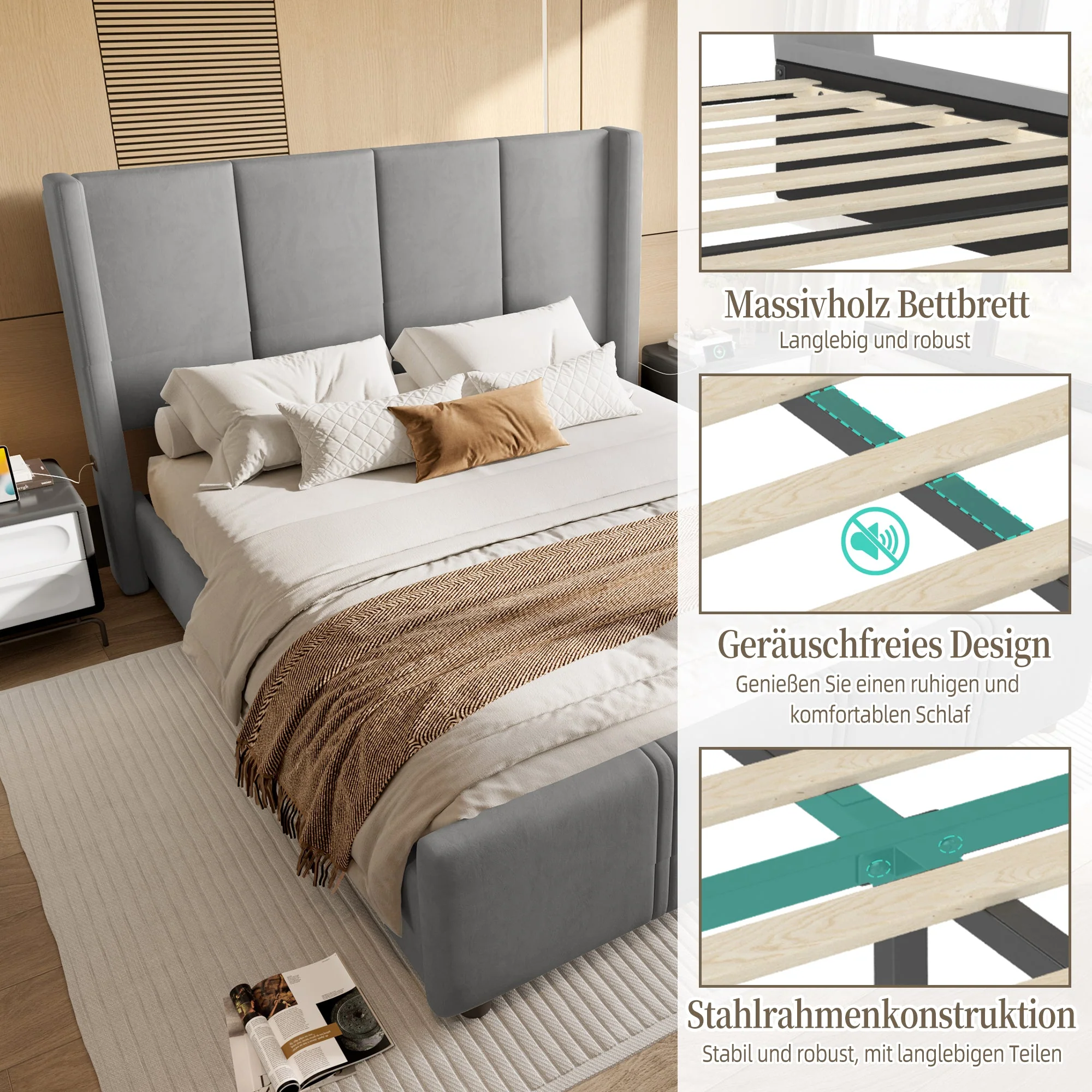 Upholstered Bed Frame, 140x200cm Modern with USB Port, Grey - Image 7