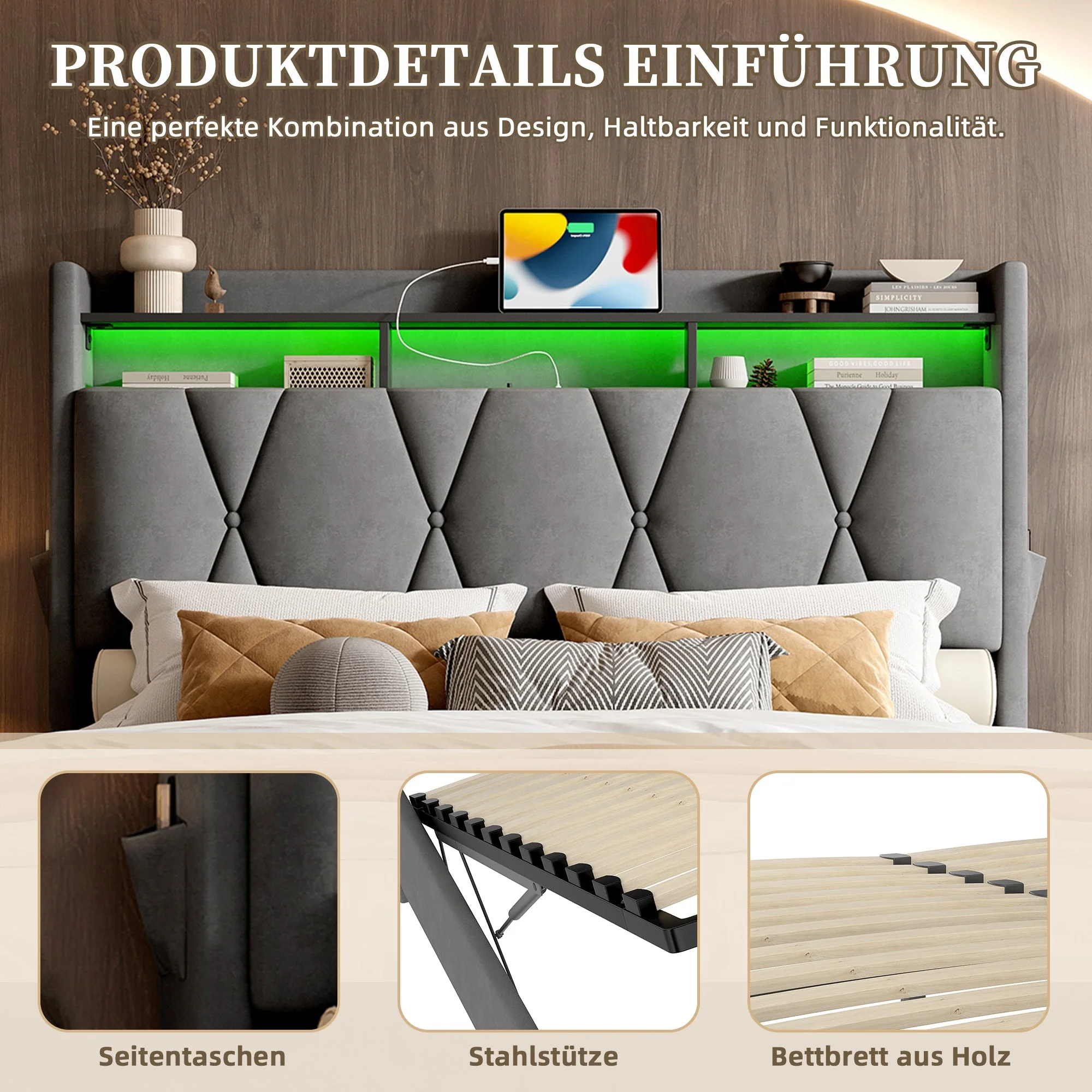 Upholstered Bed Frame 160x200cm LED/USB-C Hydraulic Storage Headboard, Grey - Image 7