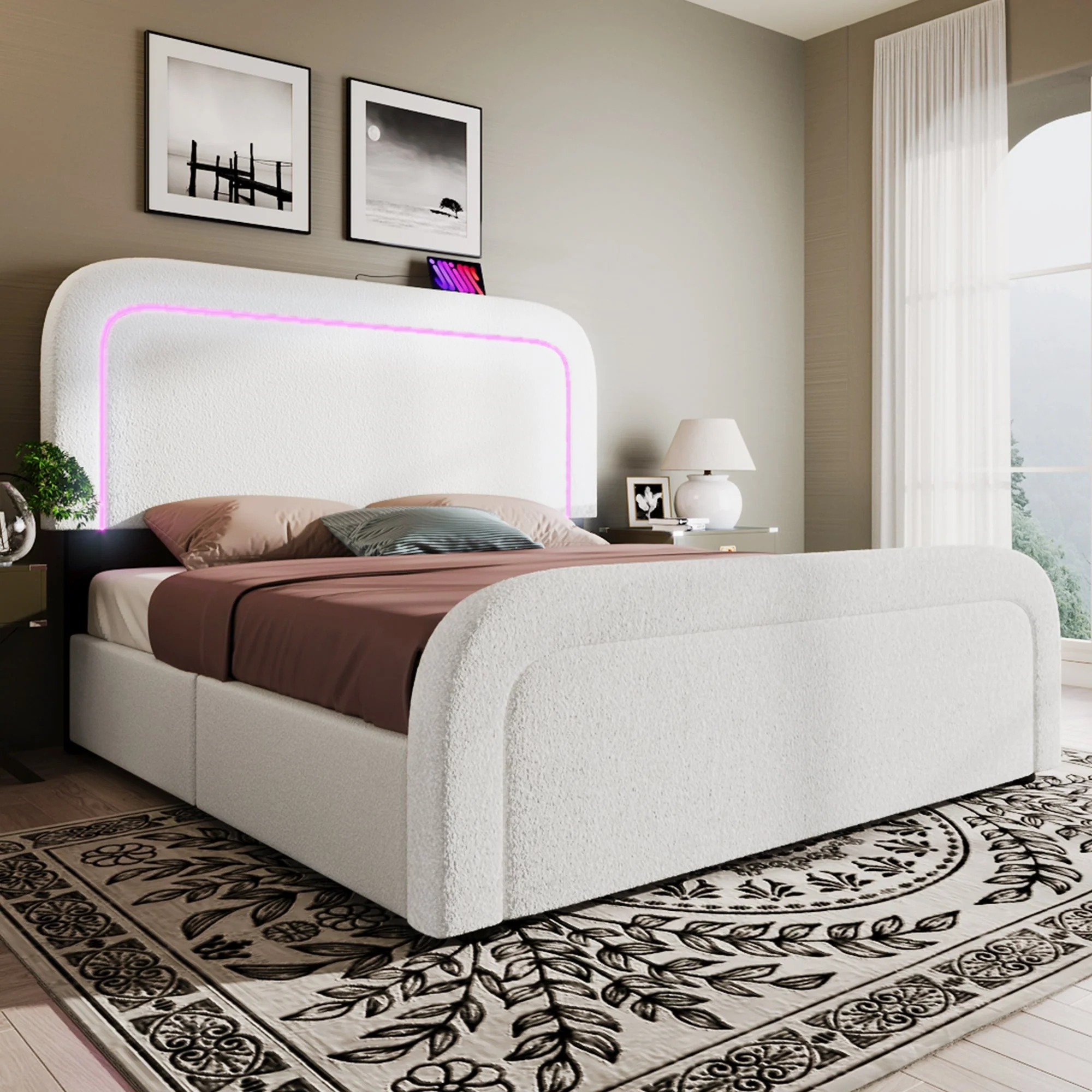Upholstered Bed Frame, 160x200cm LED USB-C Storage Drawers Adjustable Headboard, Sherp White - Image 6