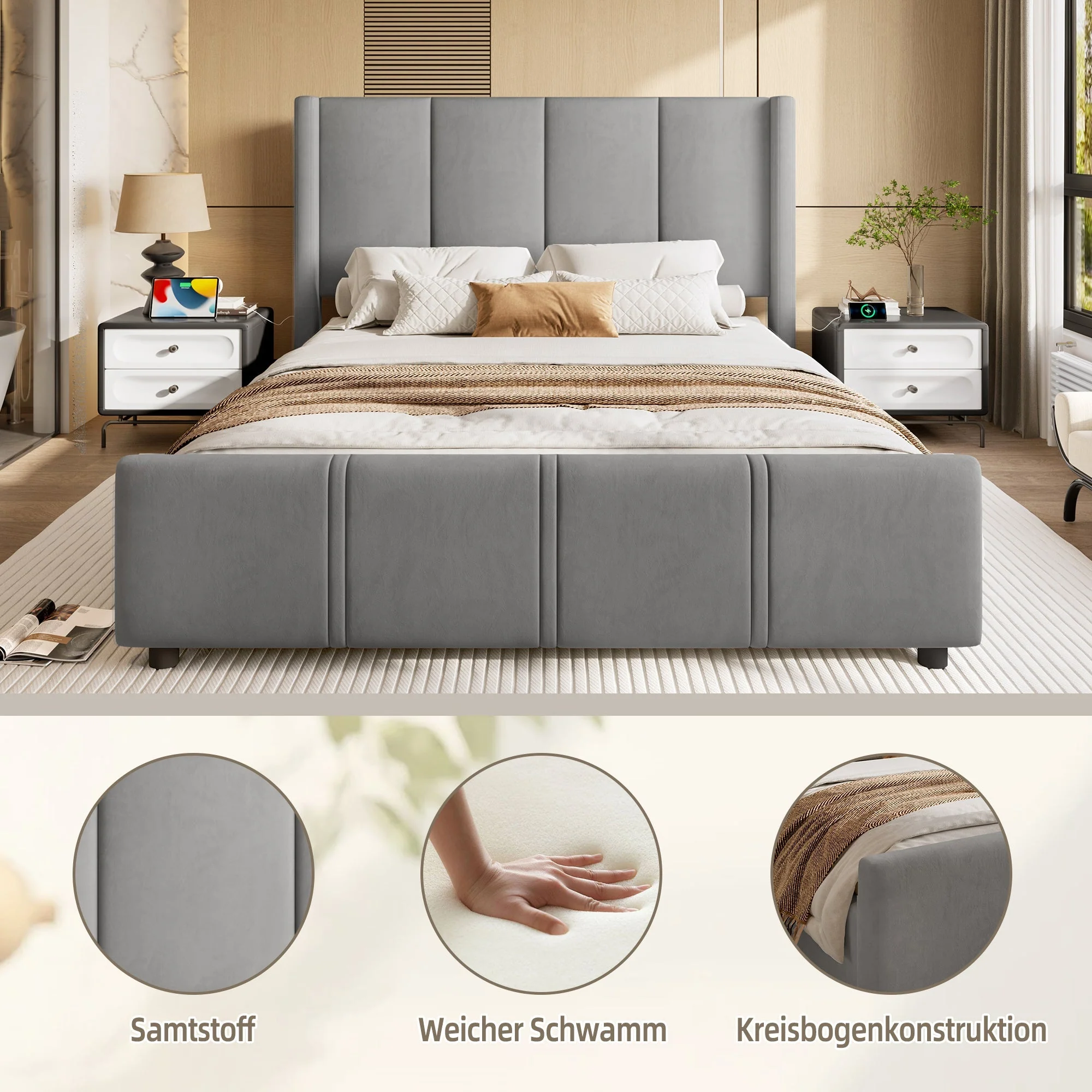 Upholstered Bed Frame, 160x200cm Modern with USB Port, Iron & Wood, Grey - Image 10