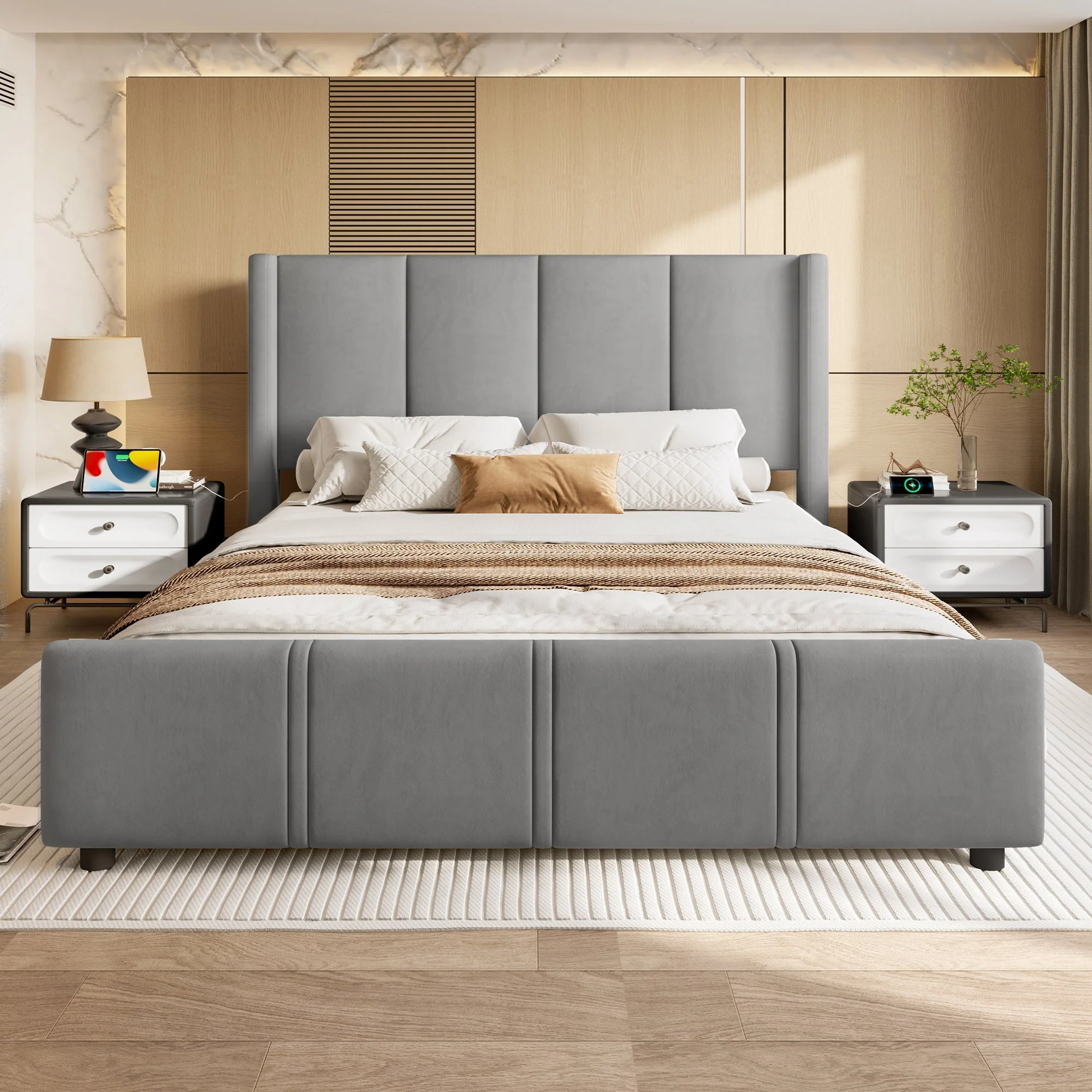 Upholstered Bed Frame, 160x200cm Modern with USB Port, Iron & Wood, Grey - Image 2