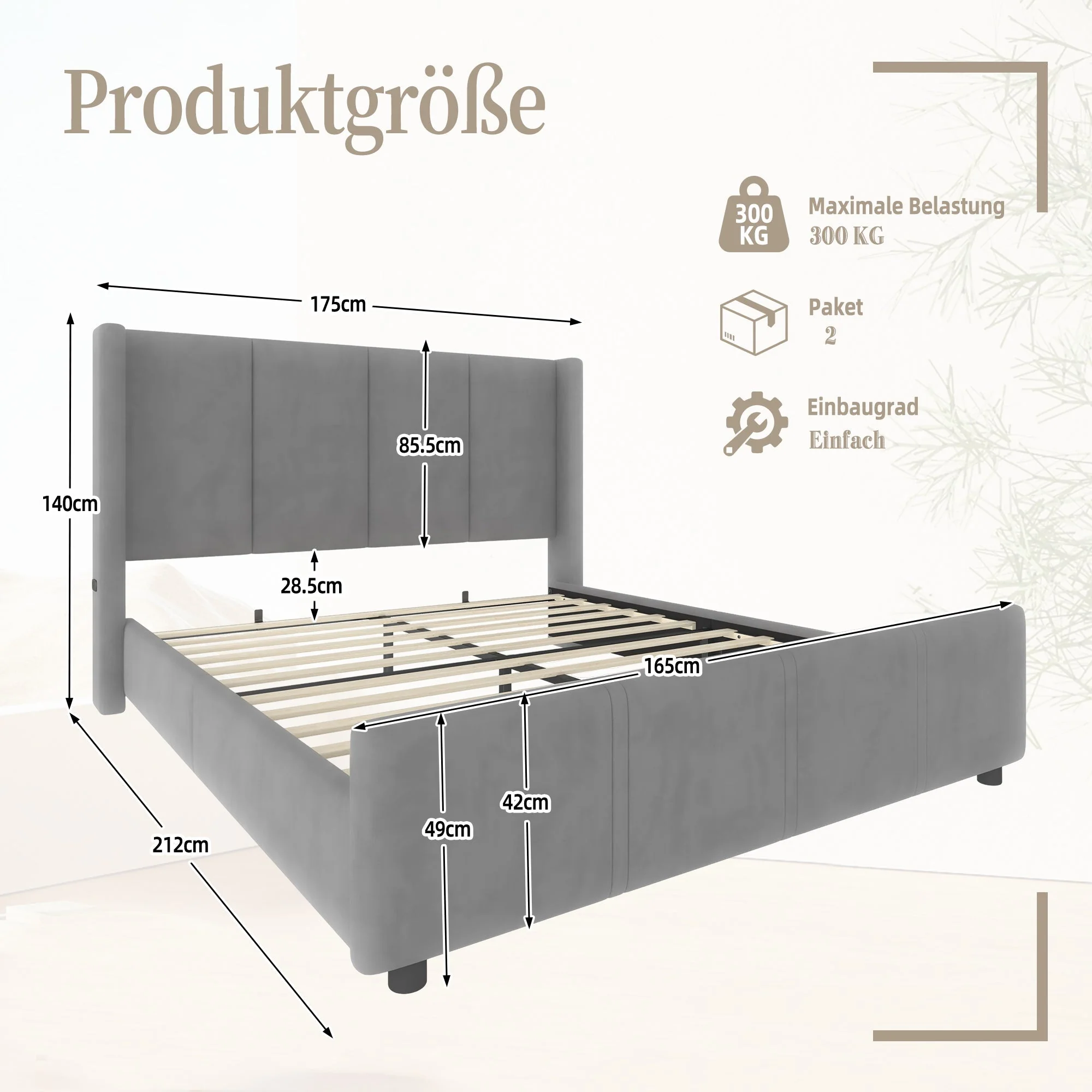 Upholstered Bed Frame, 160x200cm Modern with USB Port, Iron & Wood, Grey - Image 3